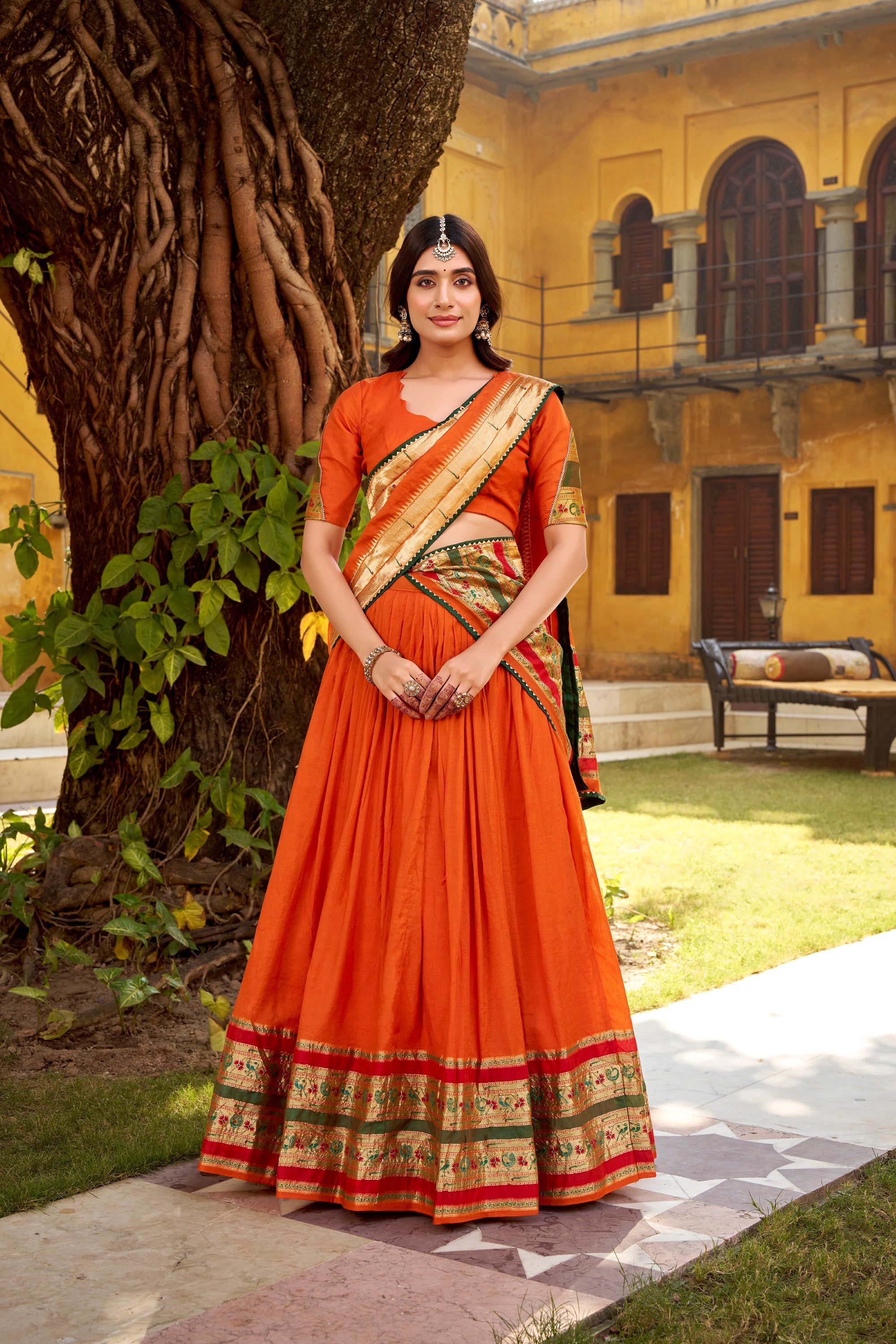 Lorenvalley Fashion Orange Pure Chanderi (Naylon) Zari Weaving Work Lehenga Choli with Dupatta