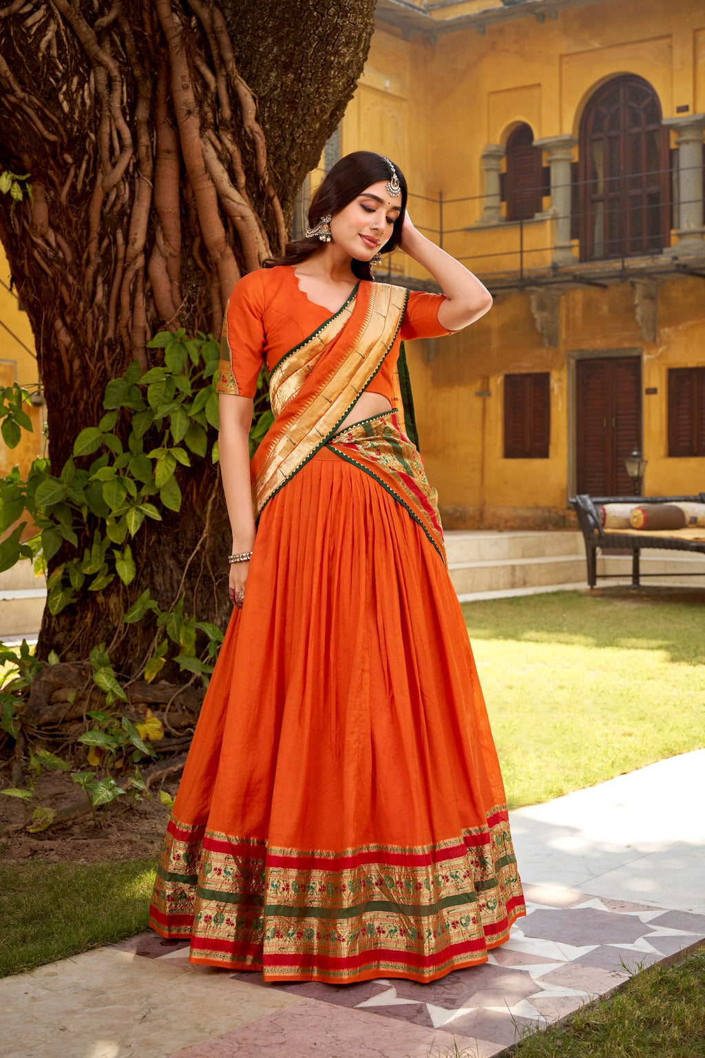 Lorenvalley Fashion Orange Pure Chanderi (Naylon) Zari Weaving Work Lehenga Choli with Dupatta