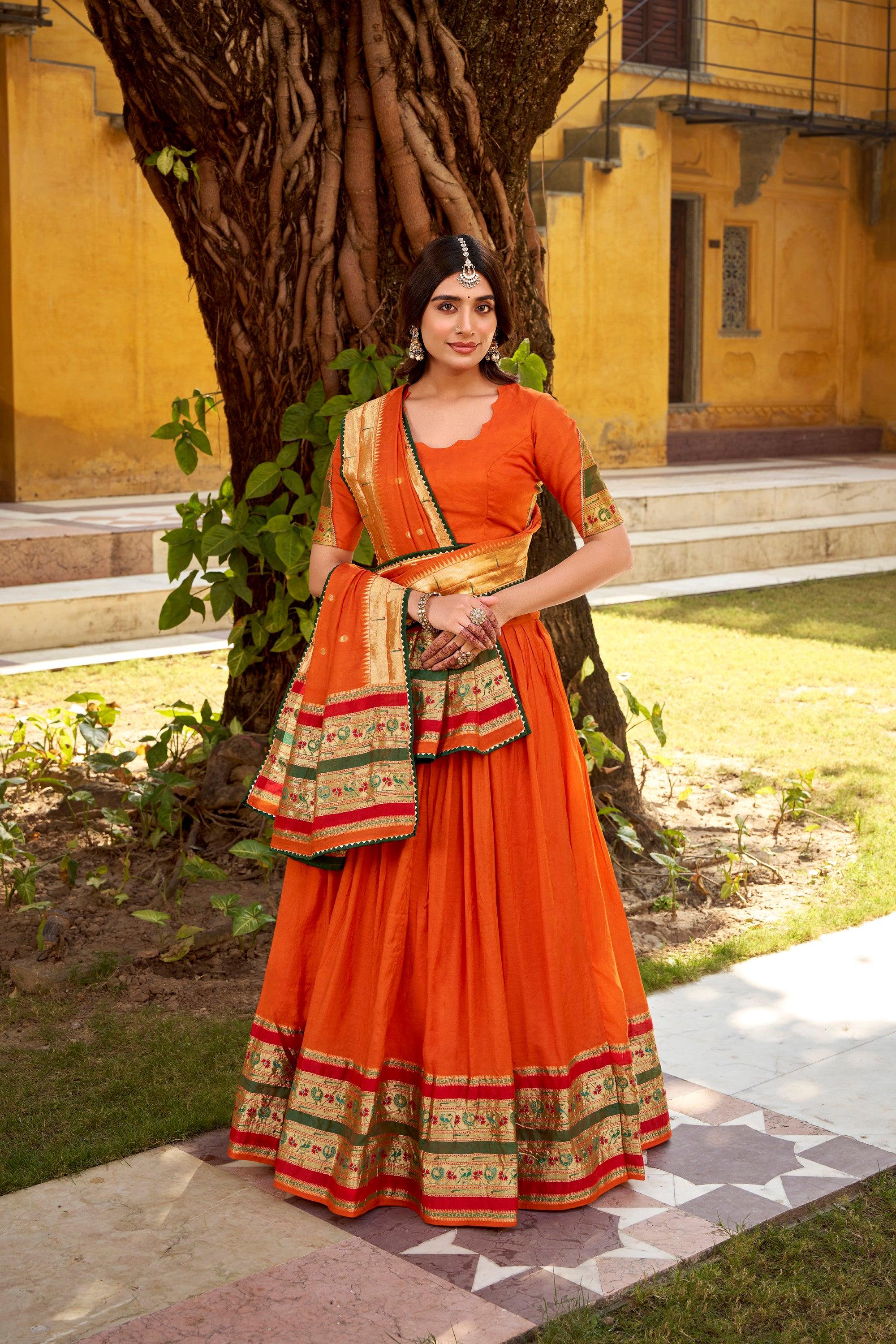 Lorenvalley Fashion Orange Pure Chanderi (Naylon) Zari Weaving Work Lehenga Choli with Dupatta