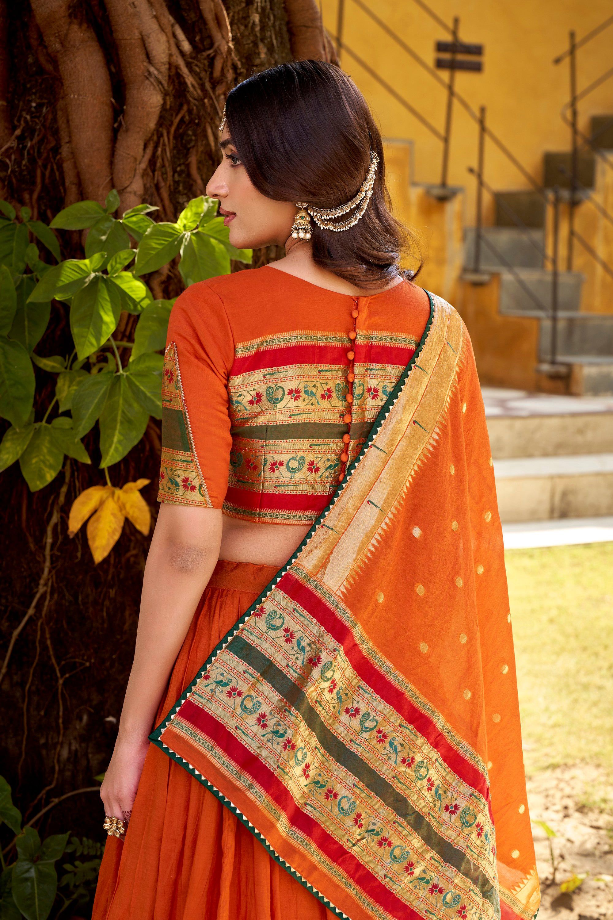 Lorenvalley Fashion Orange Pure Chanderi (Naylon) Zari Weaving Work Lehenga Choli with Dupatta