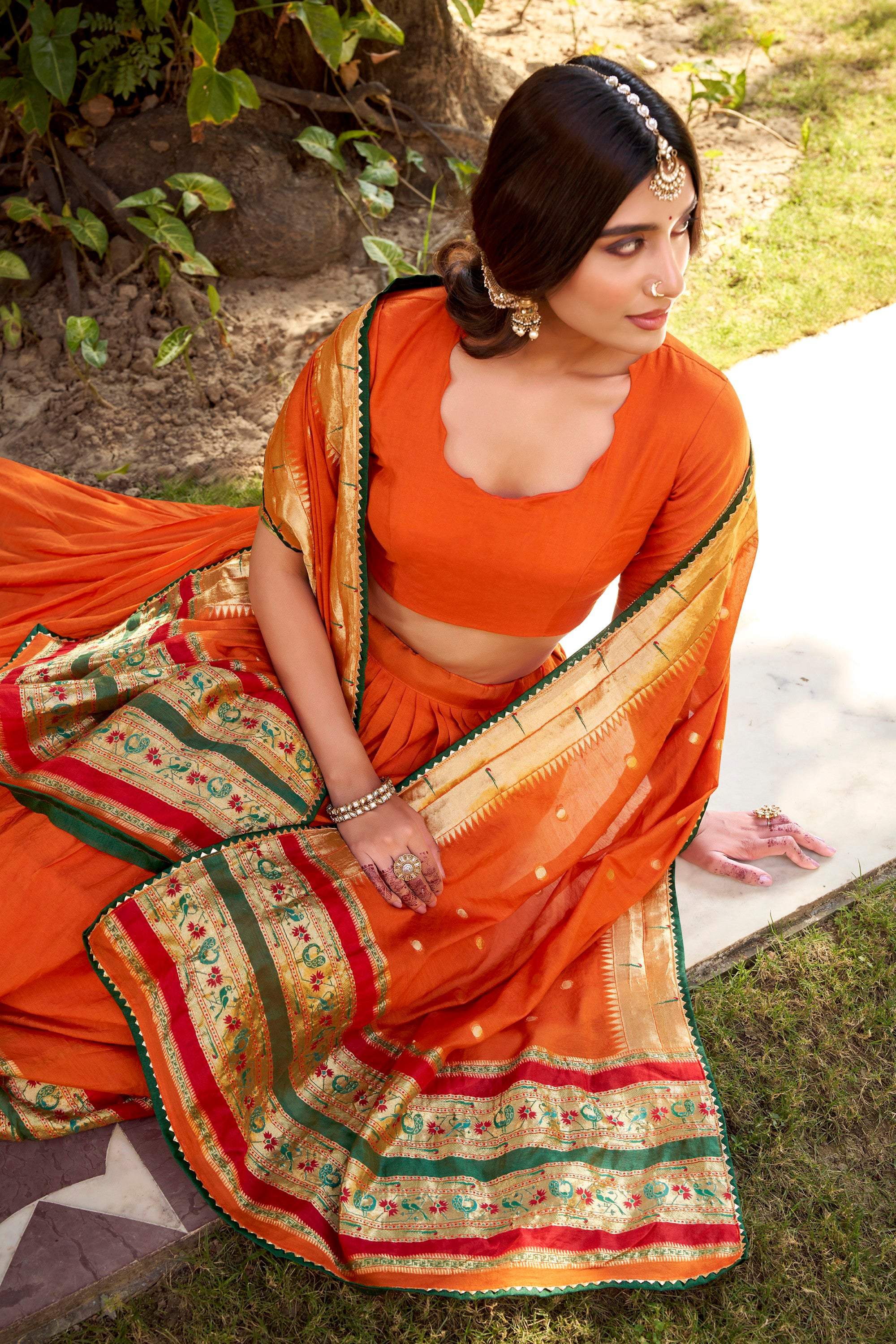 Lorenvalley Fashion Orange Pure Chanderi (Naylon) Zari Weaving Work Lehenga Choli with Dupatta