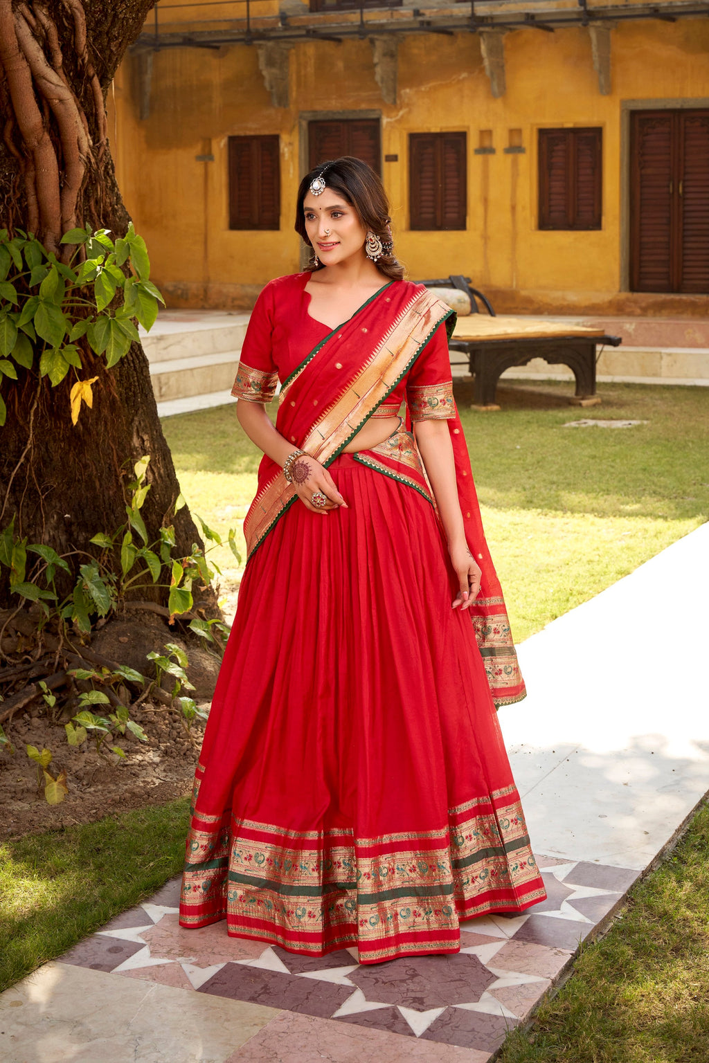 Lorenvalley Fashion Red Pure Chanderi (Naylon) Zari Weaving Work Lehenga Choli with Dupatta