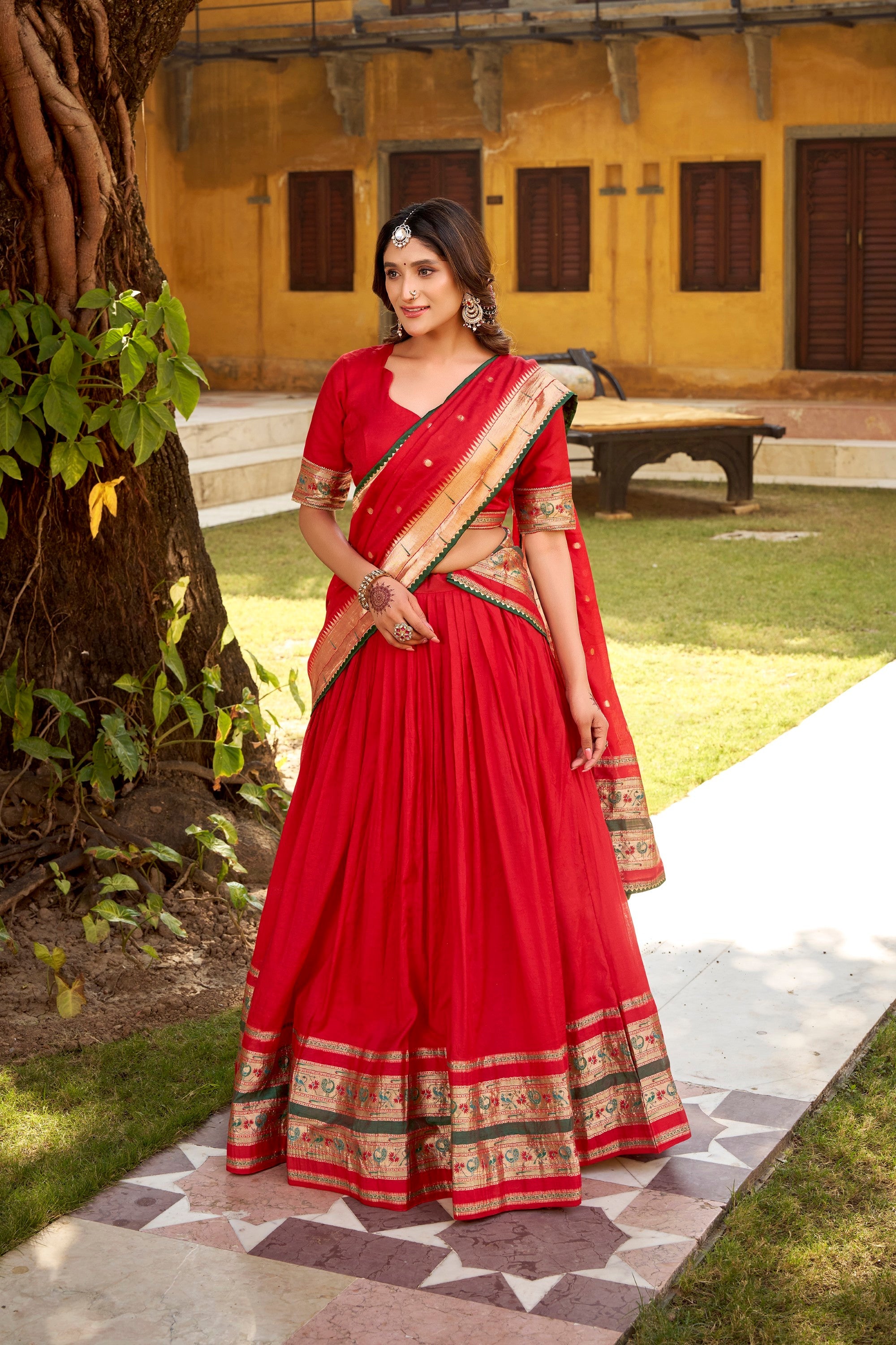Lorenvalley Fashion Red Pure Chanderi (Naylon) Zari Weaving Work Lehenga Choli with Dupatta