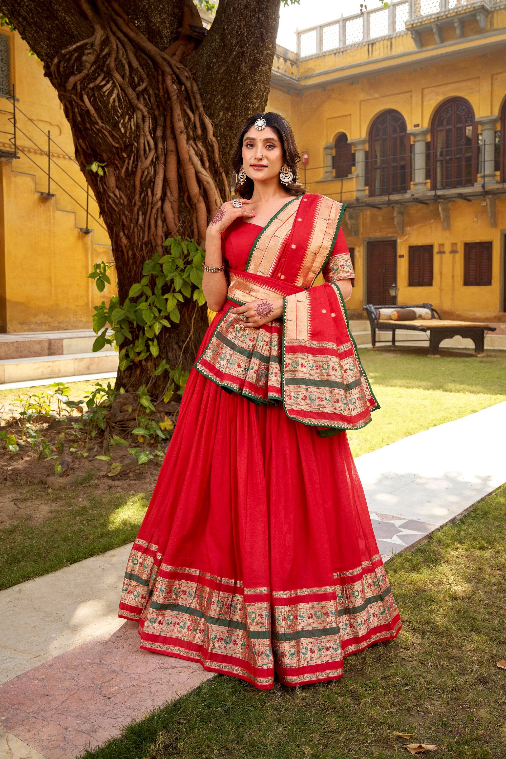 Lorenvalley Fashion Red Pure Chanderi (Naylon) Zari Weaving Work Lehenga Choli with Dupatta