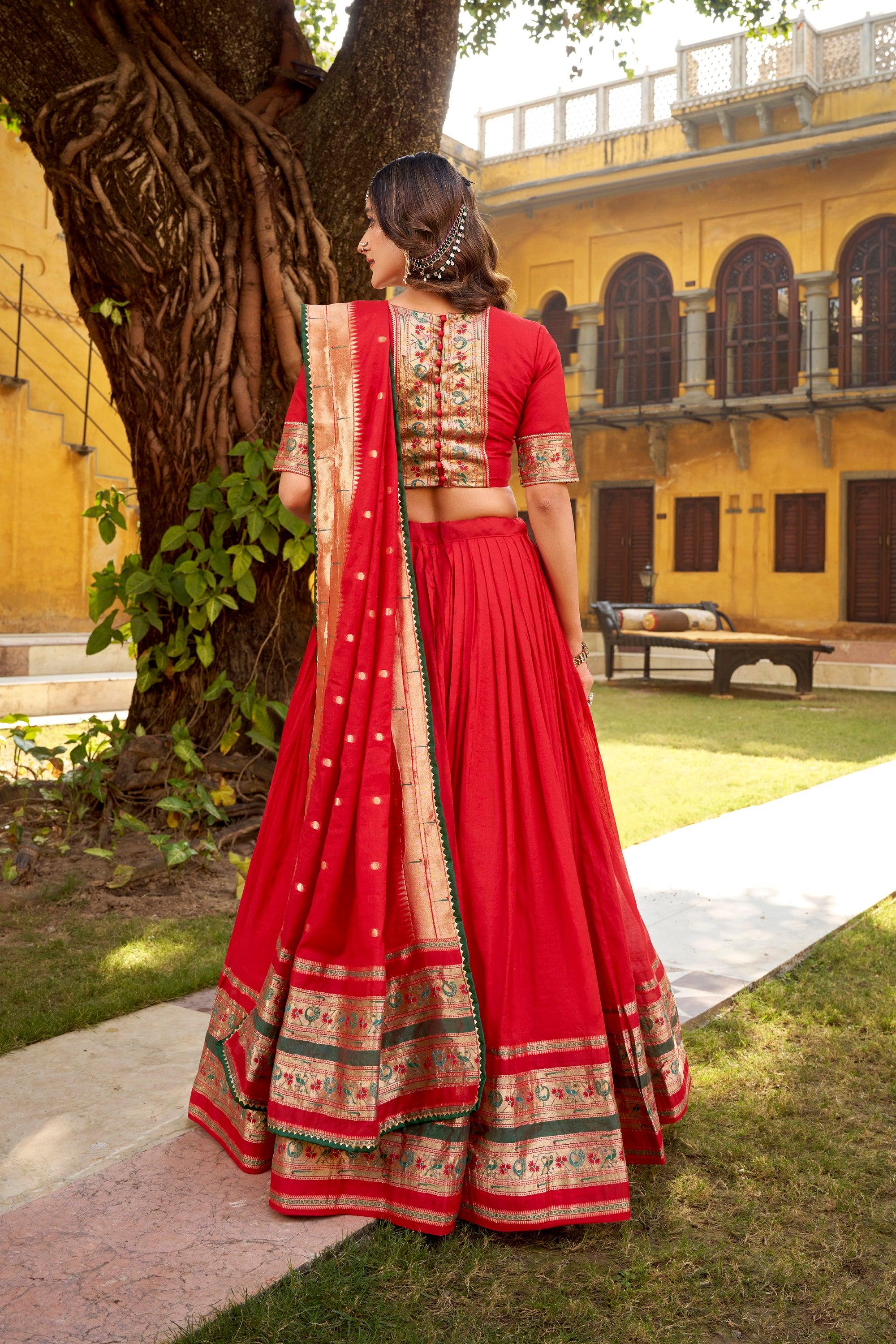 Lorenvalley Fashion Red Pure Chanderi (Naylon) Zari Weaving Work Lehenga Choli with Dupatta