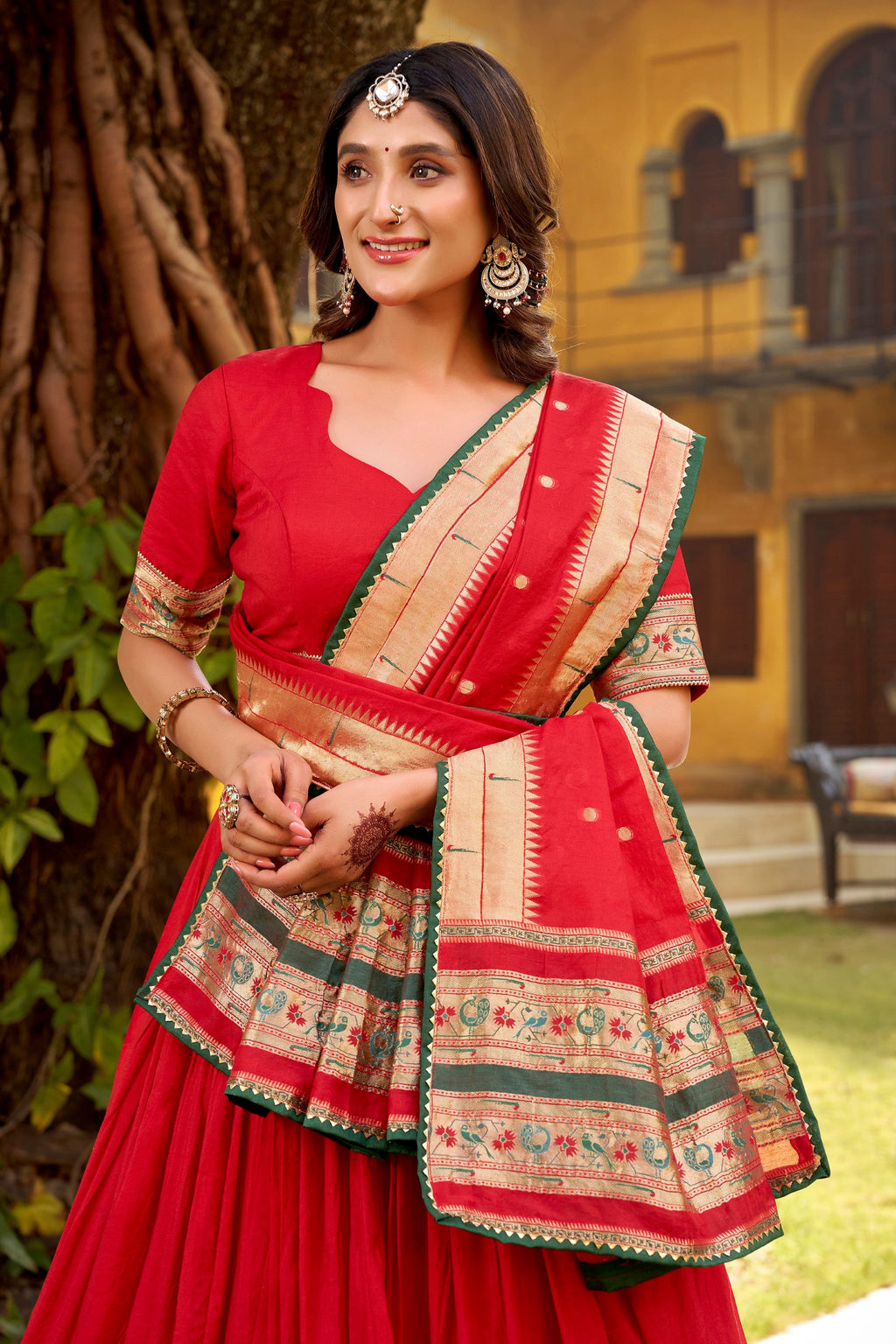 Lorenvalley Fashion Red Pure Chanderi (Naylon) Zari Weaving Work Lehenga Choli with Dupatta