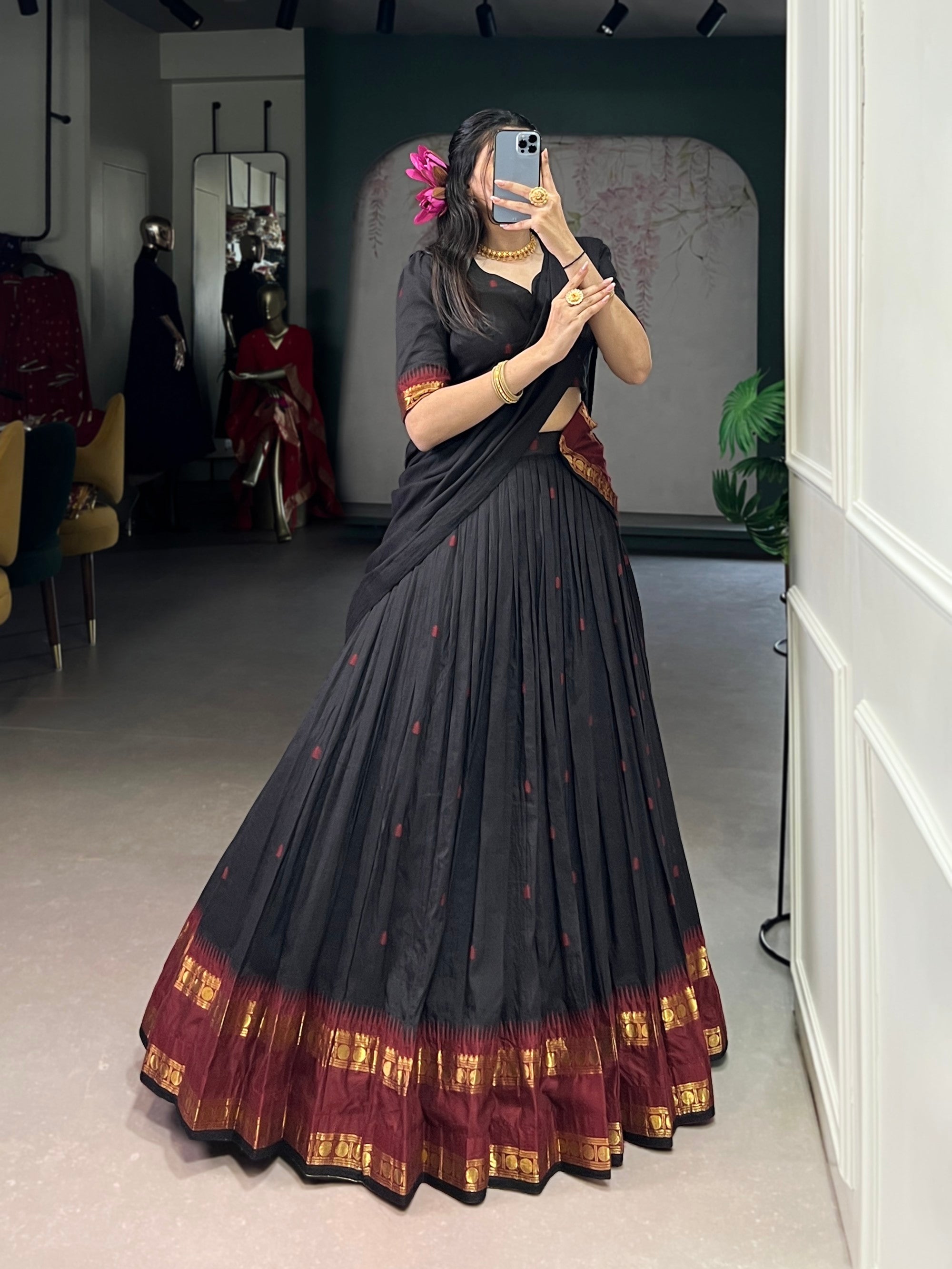 Lorenvalley Fashion Black Pure Chanderi Zari Weaving Work Lehenga Choli with Dupatta