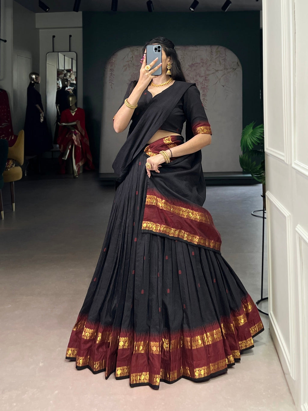 Lorenvalley Fashion Black Pure Chanderi Zari Weaving Work Lehenga Choli with Dupatta