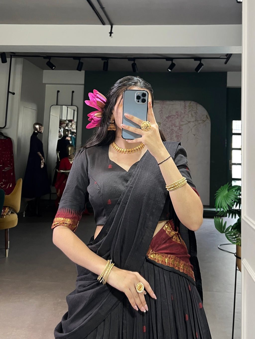 Lorenvalley Fashion Black Pure Chanderi Zari Weaving Work Lehenga Choli with Dupatta