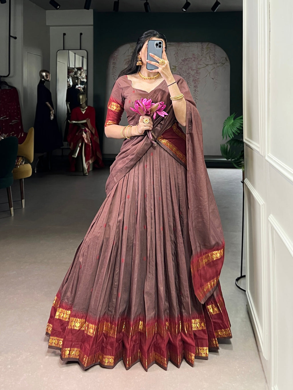 Lorenvalley Fashion Brown Pure Chanderi Zari Weaving Work Lehenga Choli with Dupatta