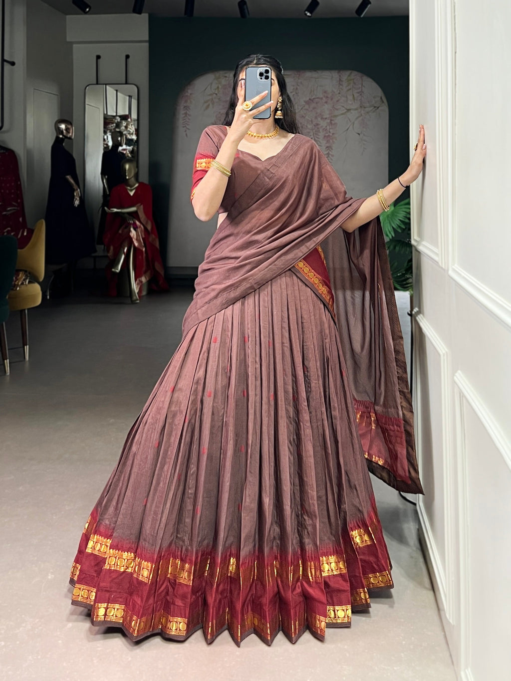 Lorenvalley Fashion Brown Pure Chanderi Zari Weaving Work Lehenga Choli with Dupatta