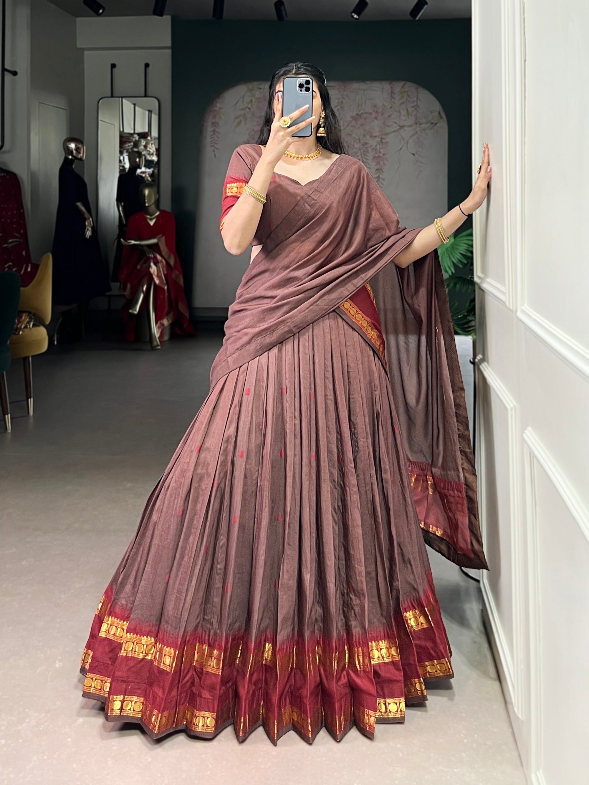 Lorenvalley Fashion Brown Pure Chanderi Zari Weaving Work Lehenga Choli with Dupatta