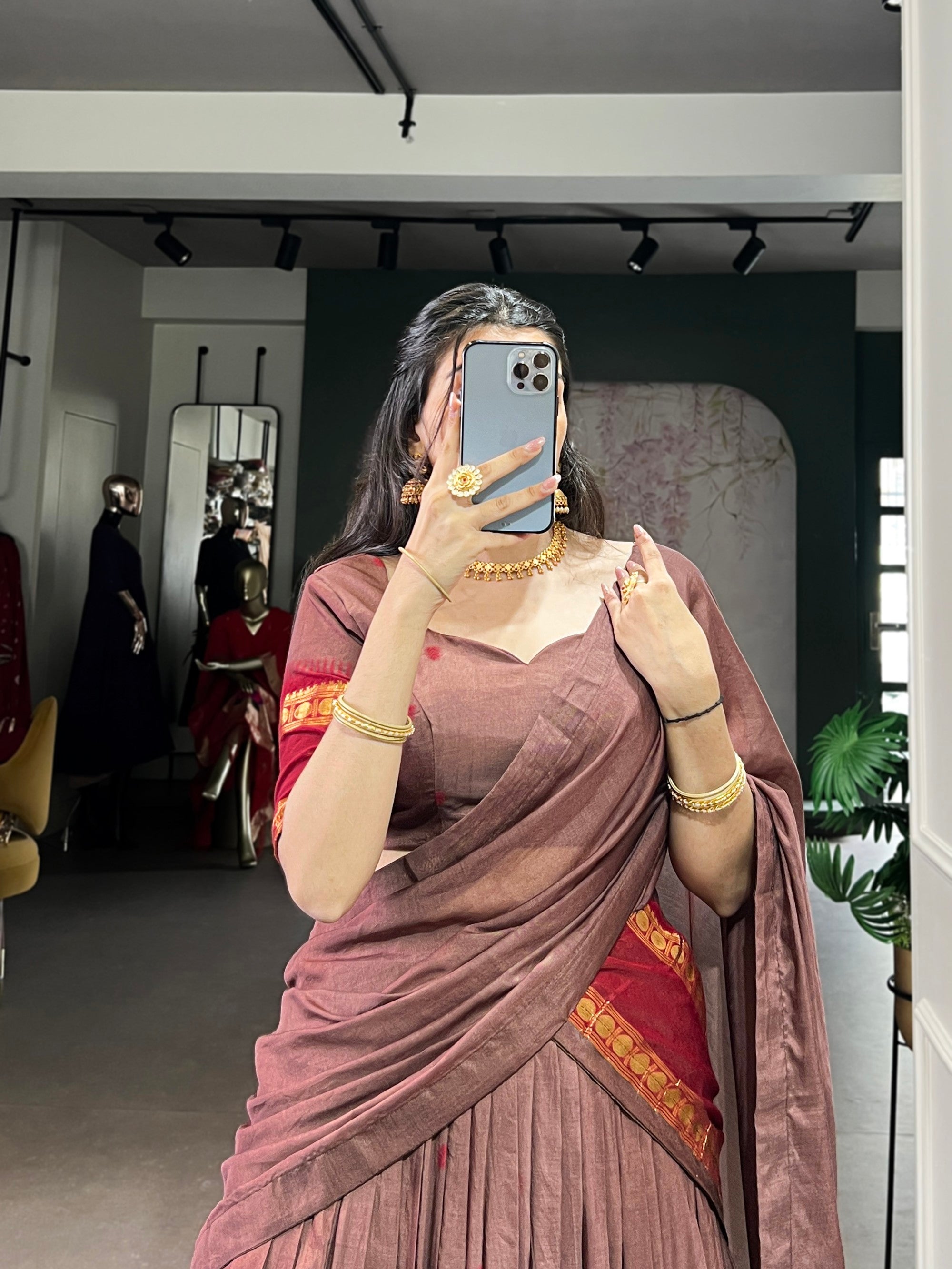 Lorenvalley Fashion Brown Pure Chanderi Zari Weaving Work Lehenga Choli with Dupatta