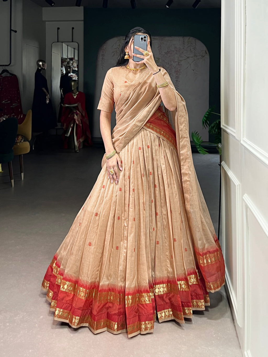 Lorenvalley Fashion Cream Pure Chanderi Zari Weaving Work Lehenga Choli with Dupatta