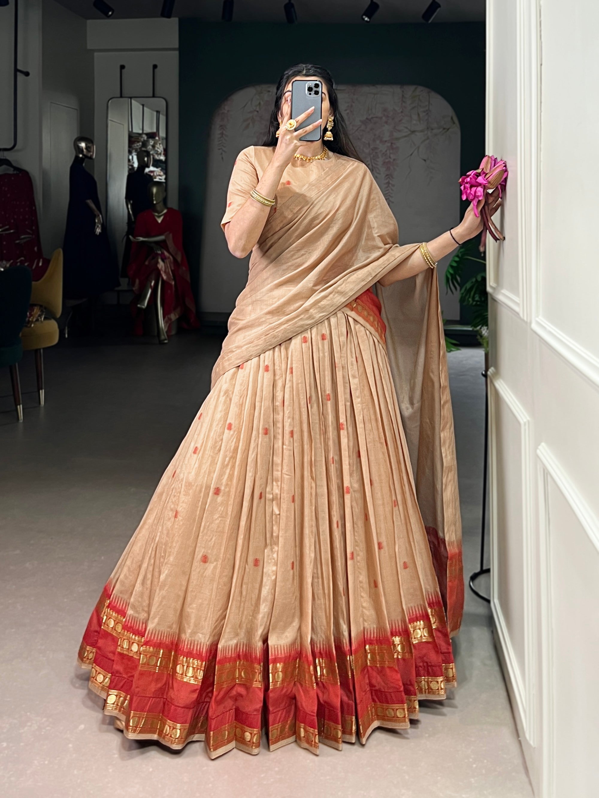 Lorenvalley Fashion Cream Pure Chanderi Zari Weaving Work Lehenga Choli with Dupatta