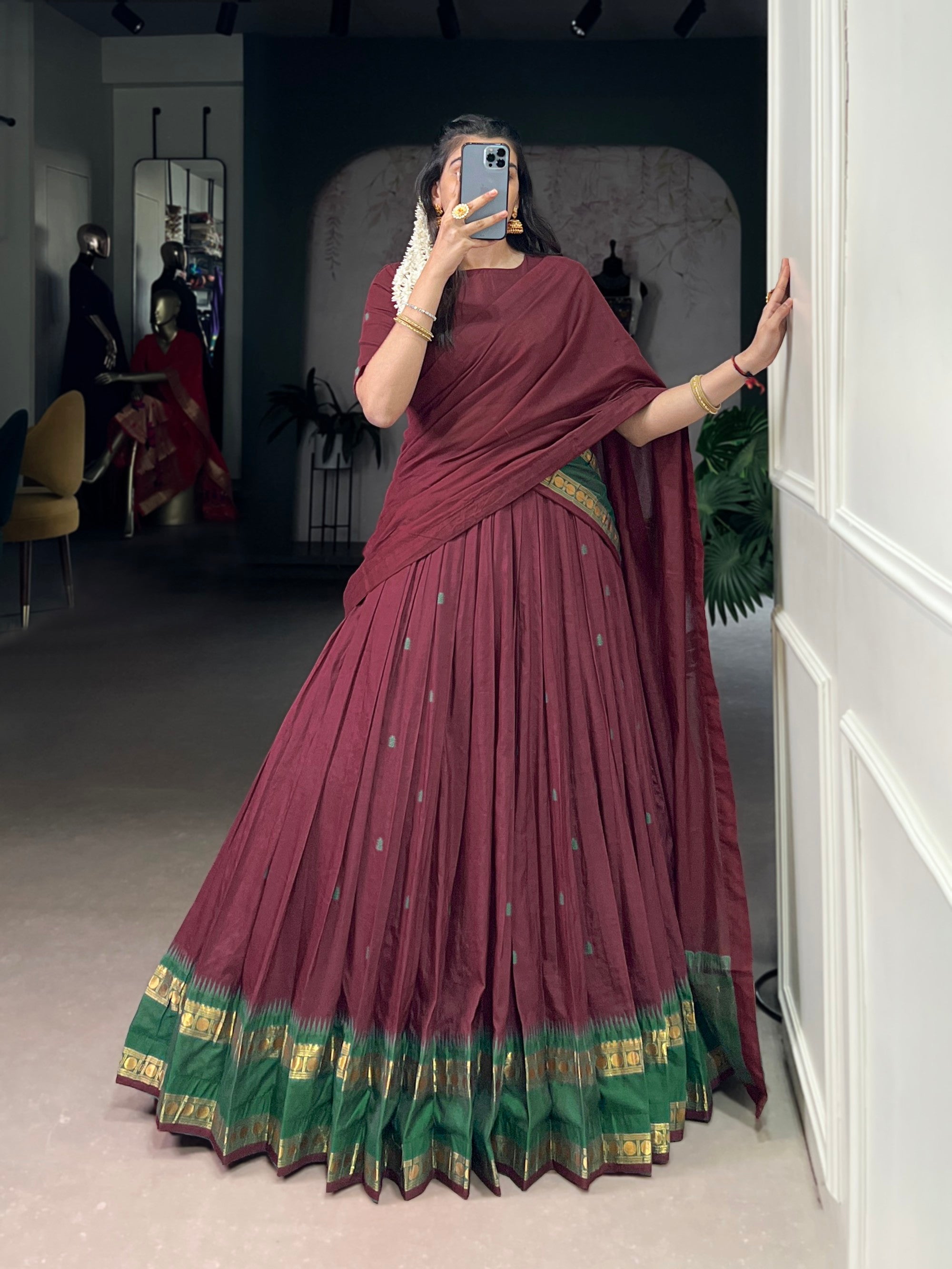 Lorenvalley Fashion Maroon Pure Chanderi Zari Weaving Work Lehenga Choli with Dupatta