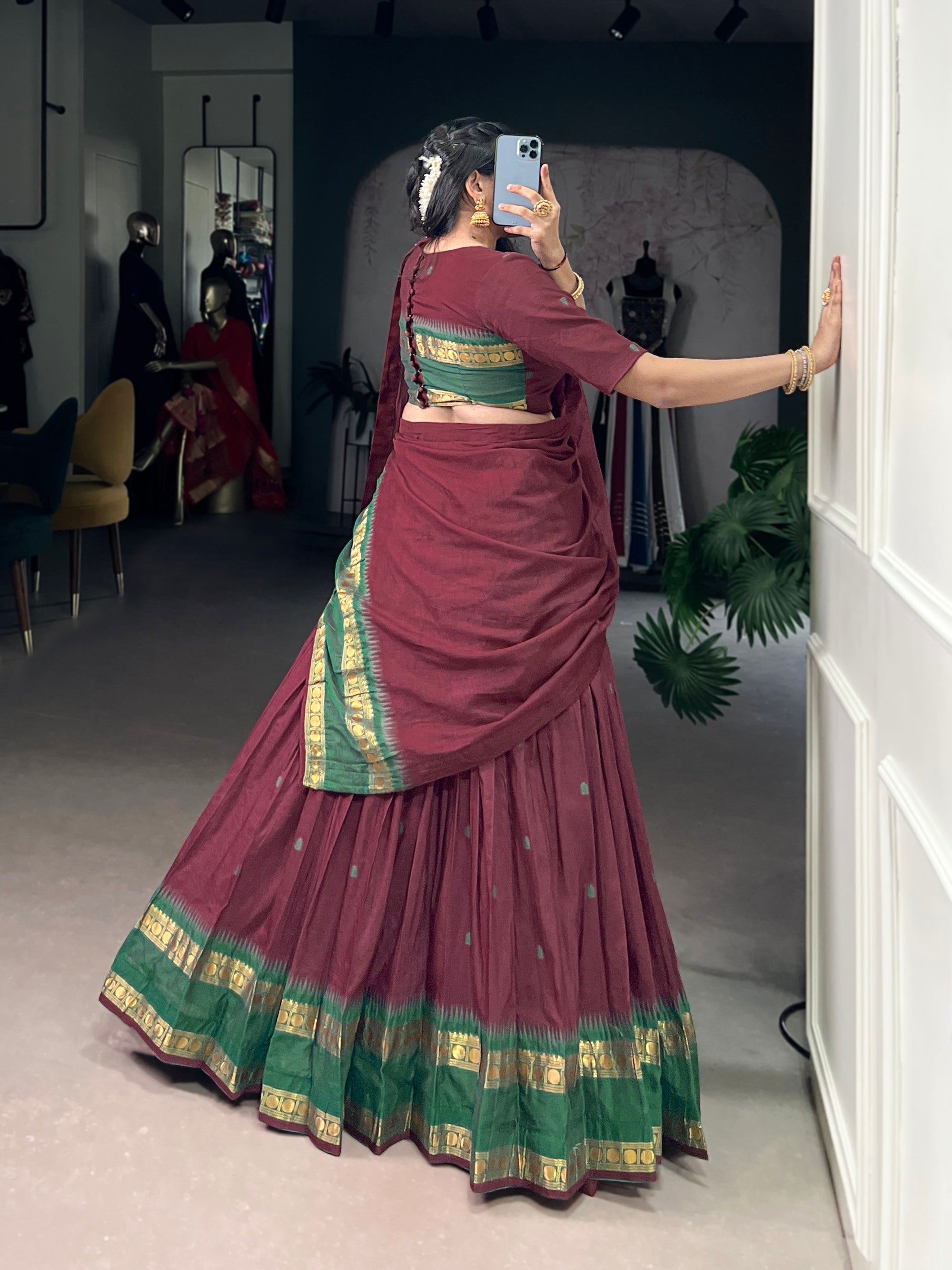 Lorenvalley Fashion Maroon Pure Chanderi Zari Weaving Work Lehenga Choli with Dupatta