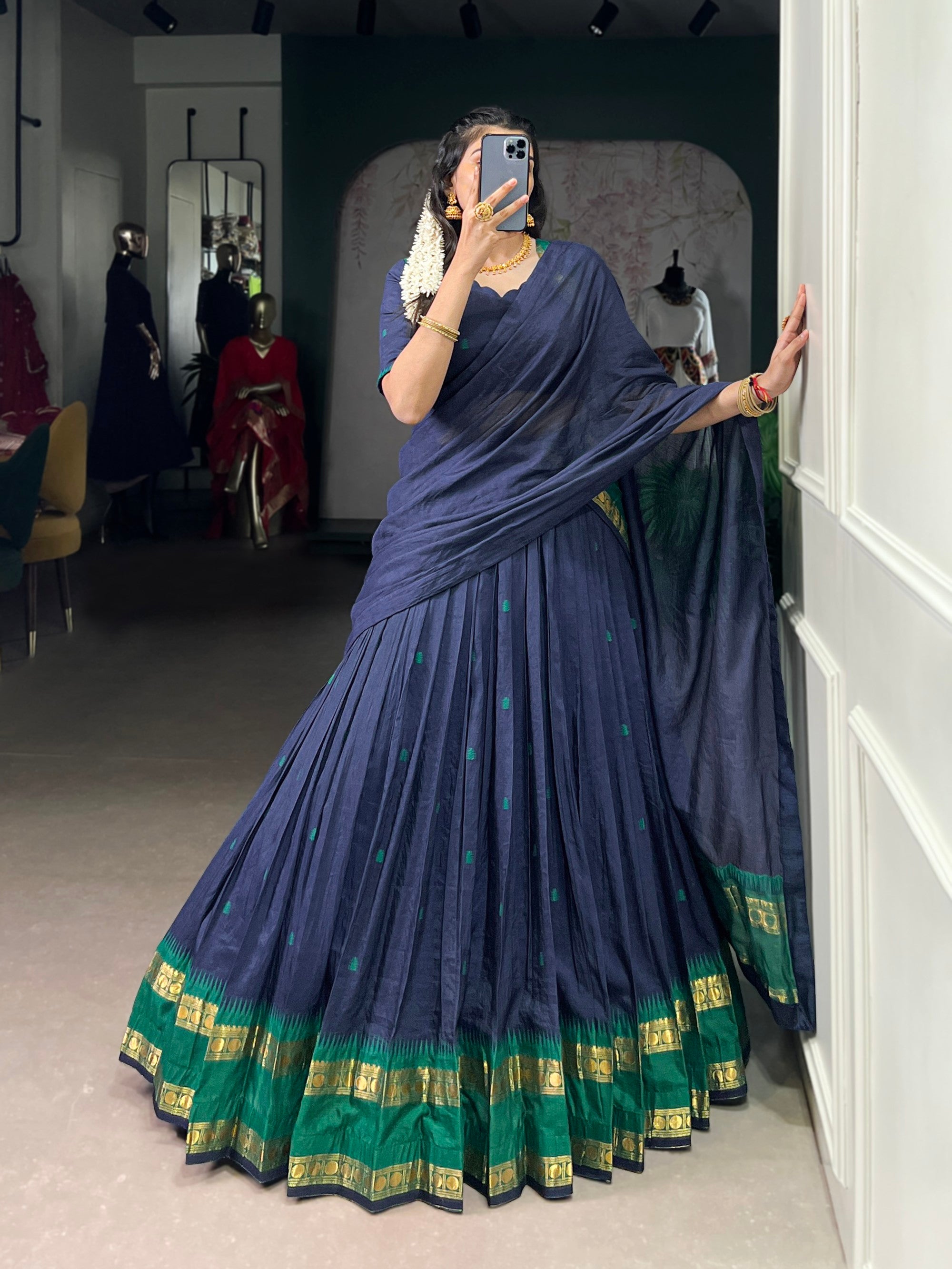 Lorenvalley Fashion Navy Blue Pure Chanderi Zari Weaving Work Lehenga Choli with Dupatta