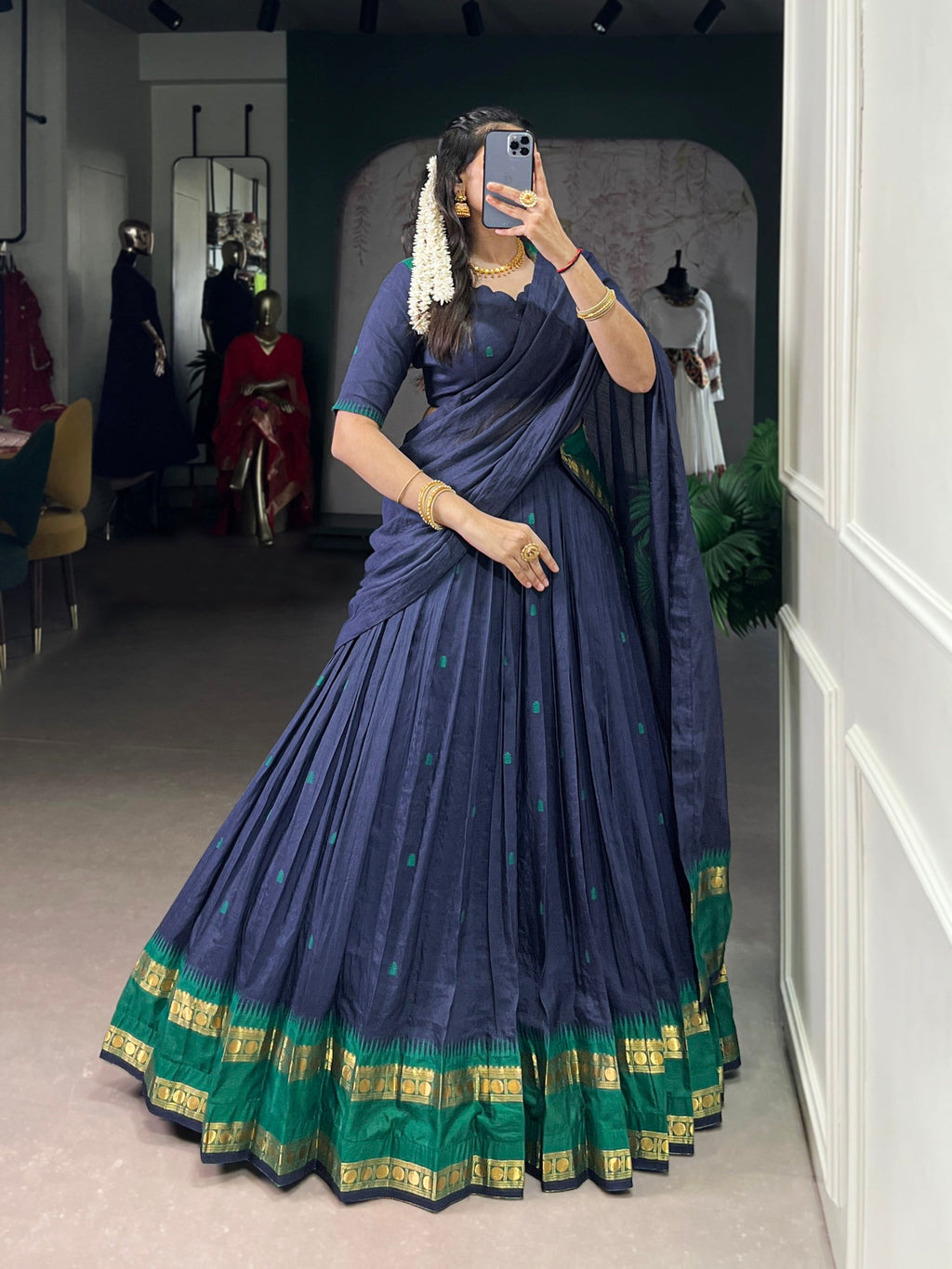 Lorenvalley Fashion Navy Blue Pure Chanderi Zari Weaving Work Lehenga Choli with Dupatta