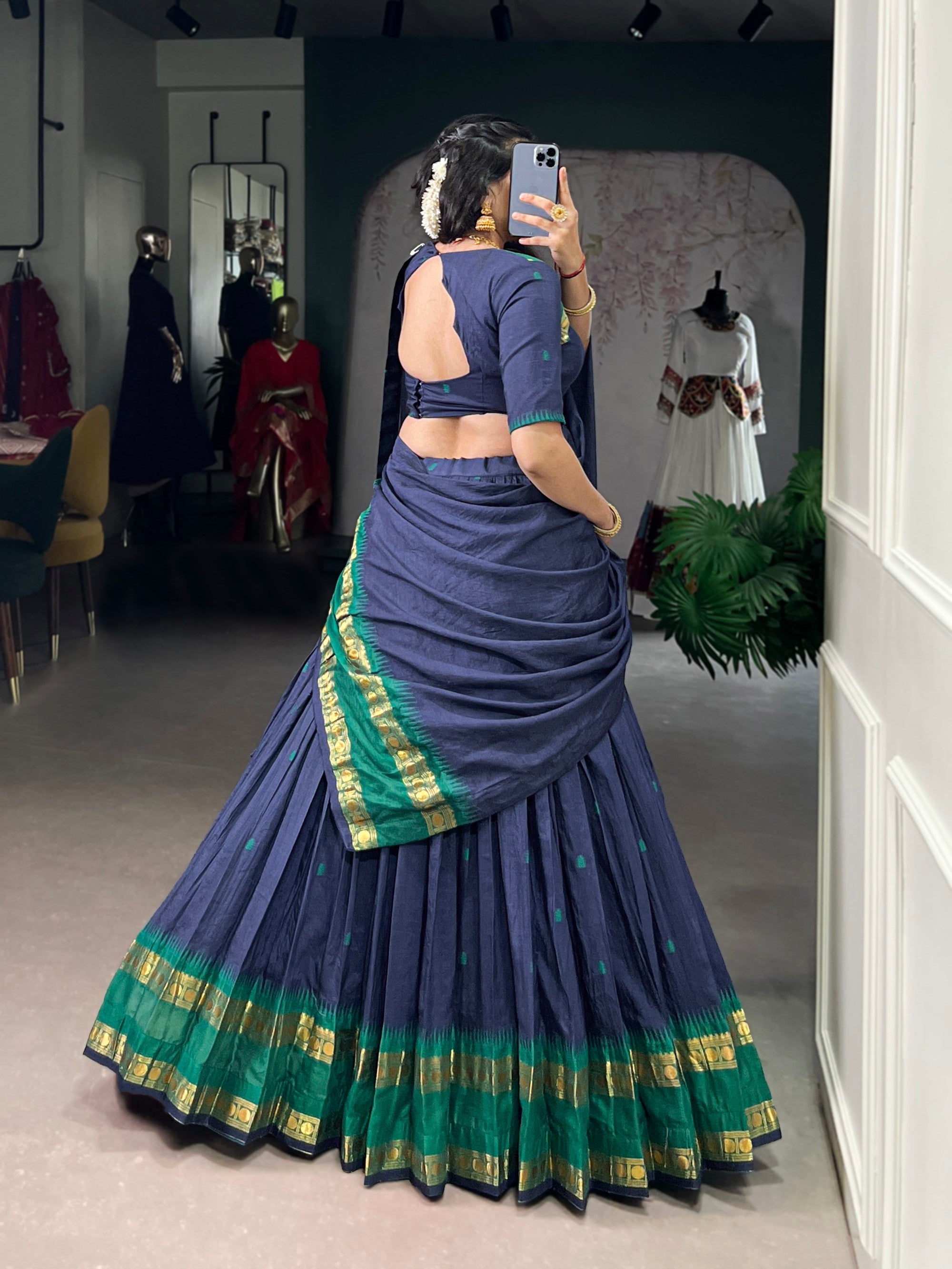 Lorenvalley Fashion Navy Blue Pure Chanderi Zari Weaving Work Lehenga Choli with Dupatta