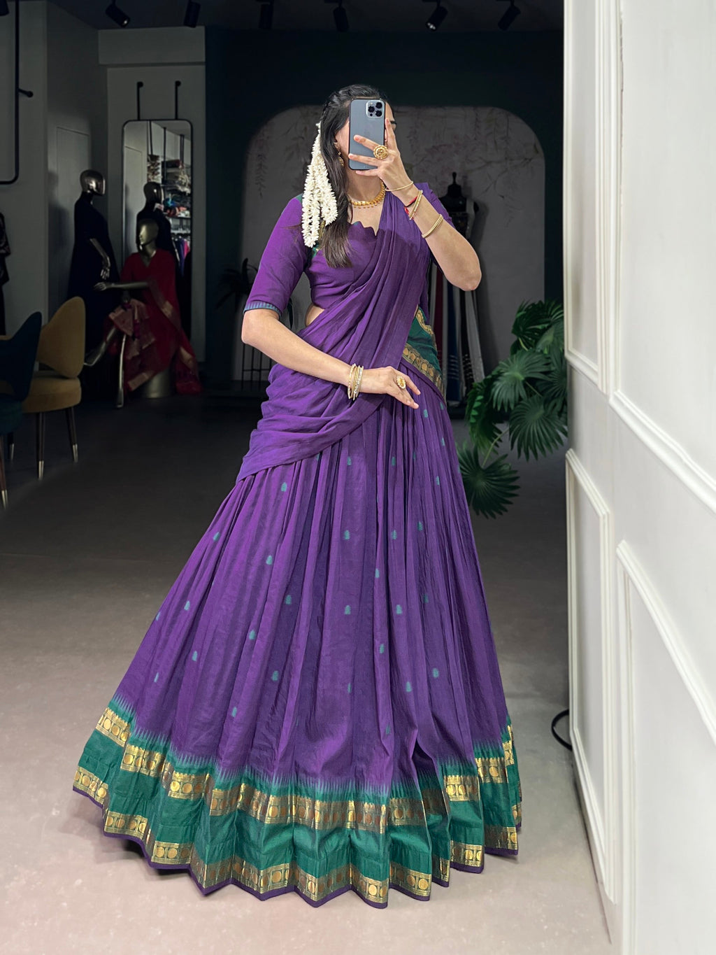Lorenvalley Fashion Purple Pure Chanderi Zari Weaving Work Lehenga Choli with Dupatta