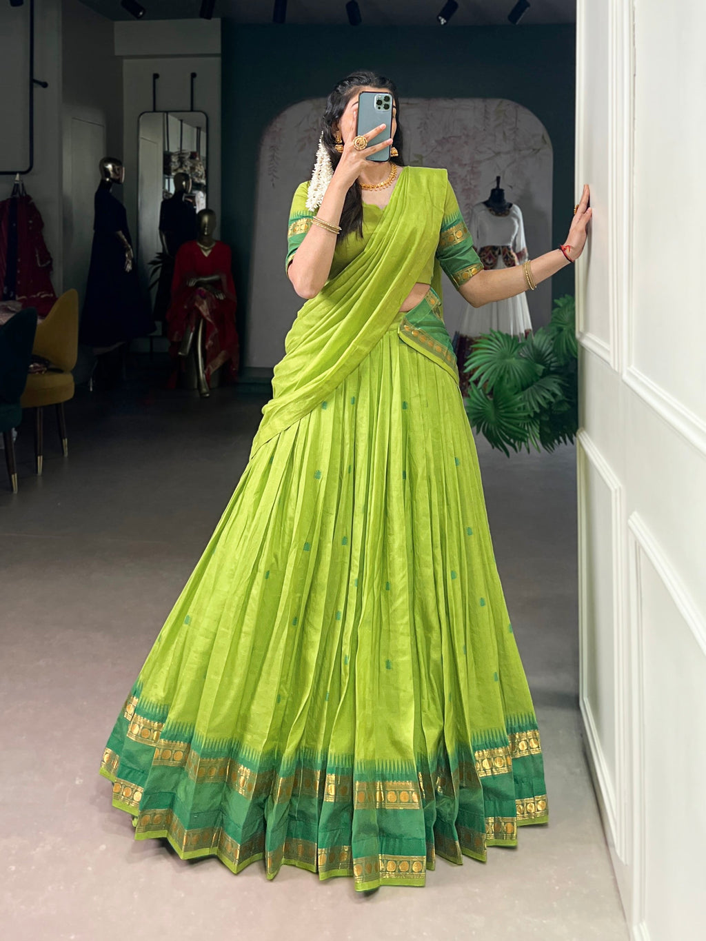 Lorenvalley Fashion Parrot Green Pure Chanderi Zari Weaving Work Lehenga Choli with Dupatta