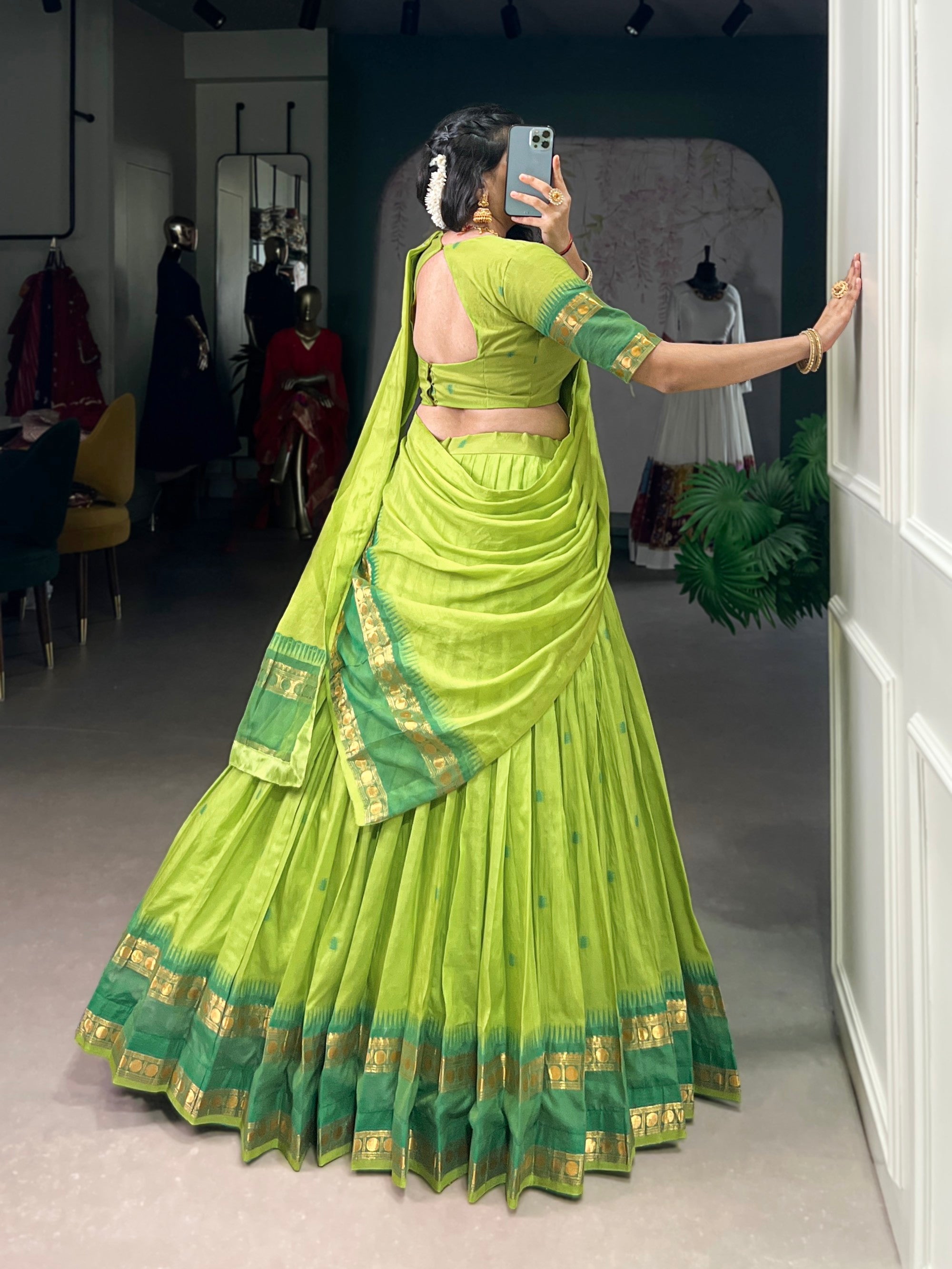 Lorenvalley Fashion Parrot Green Pure Chanderi Zari Weaving Work Lehenga Choli with Dupatta