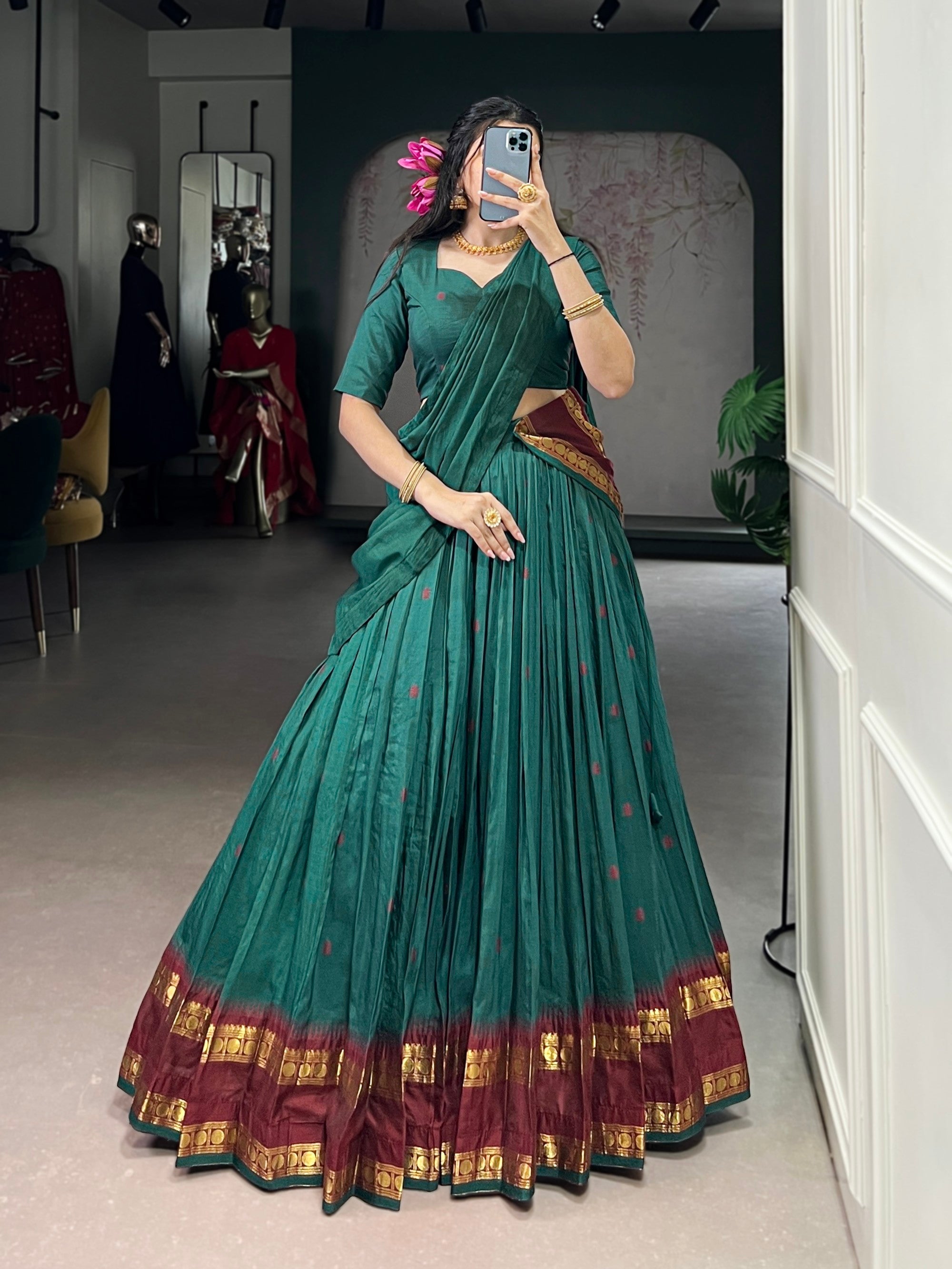 Lorenvalley Fashion Teal Pure Chanderi Zari Weaving Work Lehenga Choli with Dupatta
