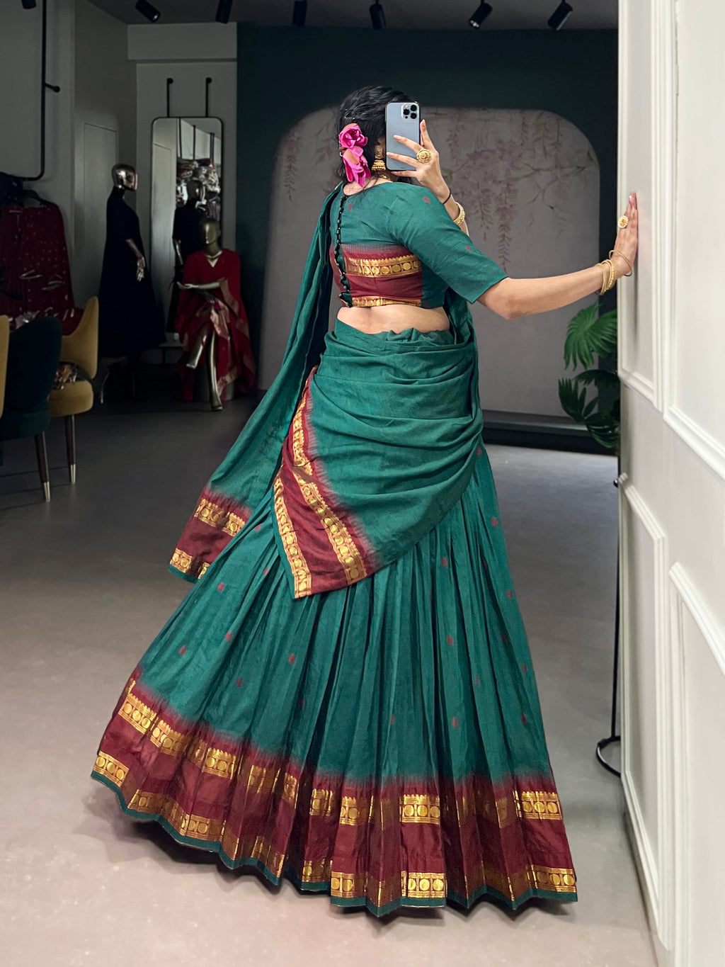 Lorenvalley Fashion Teal Pure Chanderi Zari Weaving Work Lehenga Choli with Dupatta