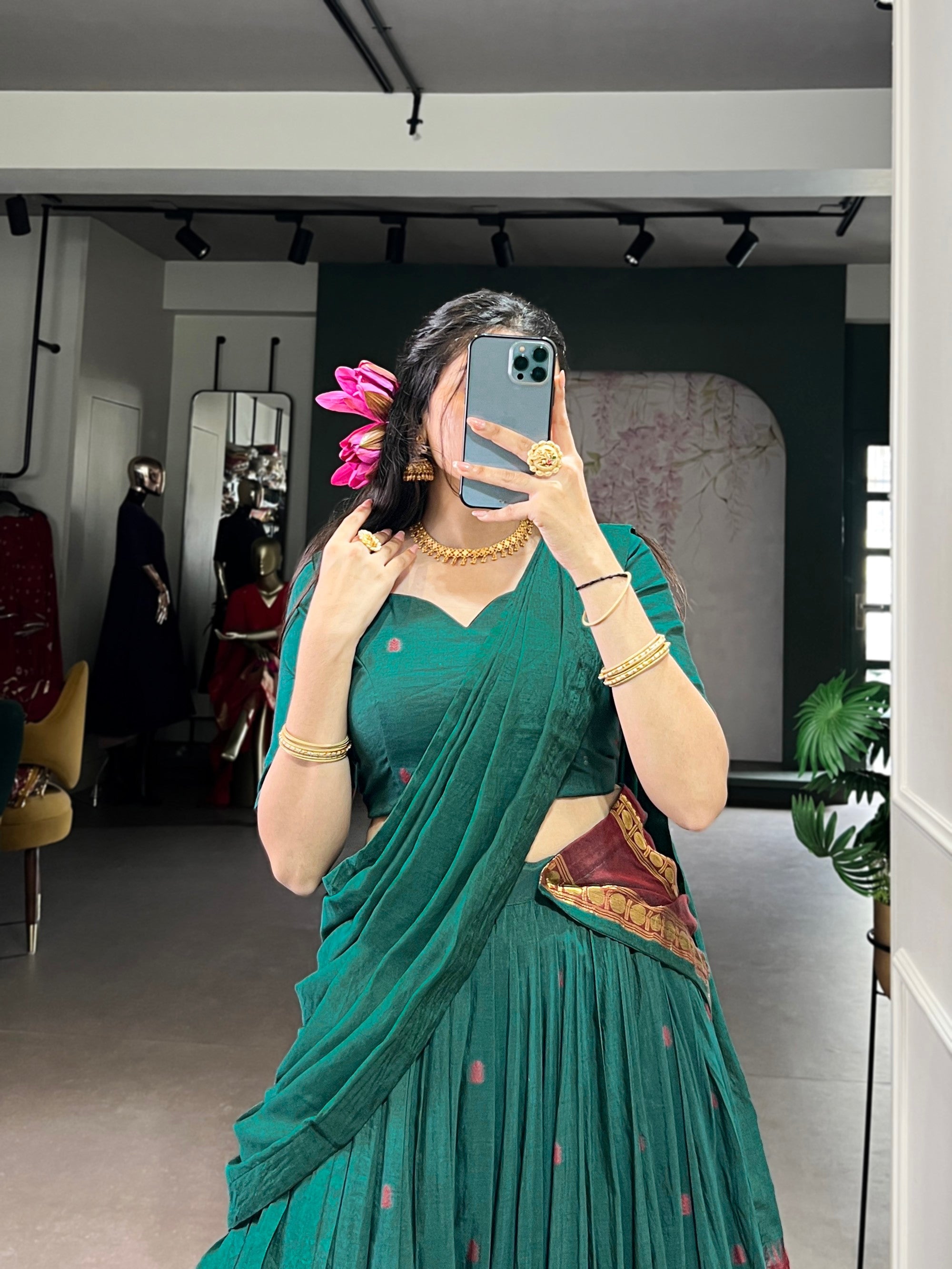 Lorenvalley Fashion Teal Pure Chanderi Zari Weaving Work Lehenga Choli with Dupatta