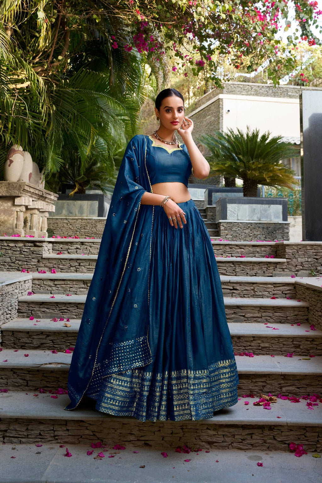 Lorenvalley Fashion Navy Blue Pure Chanderi Plain With Zari Weaving Work Border Lehenga Choli with Dupatta