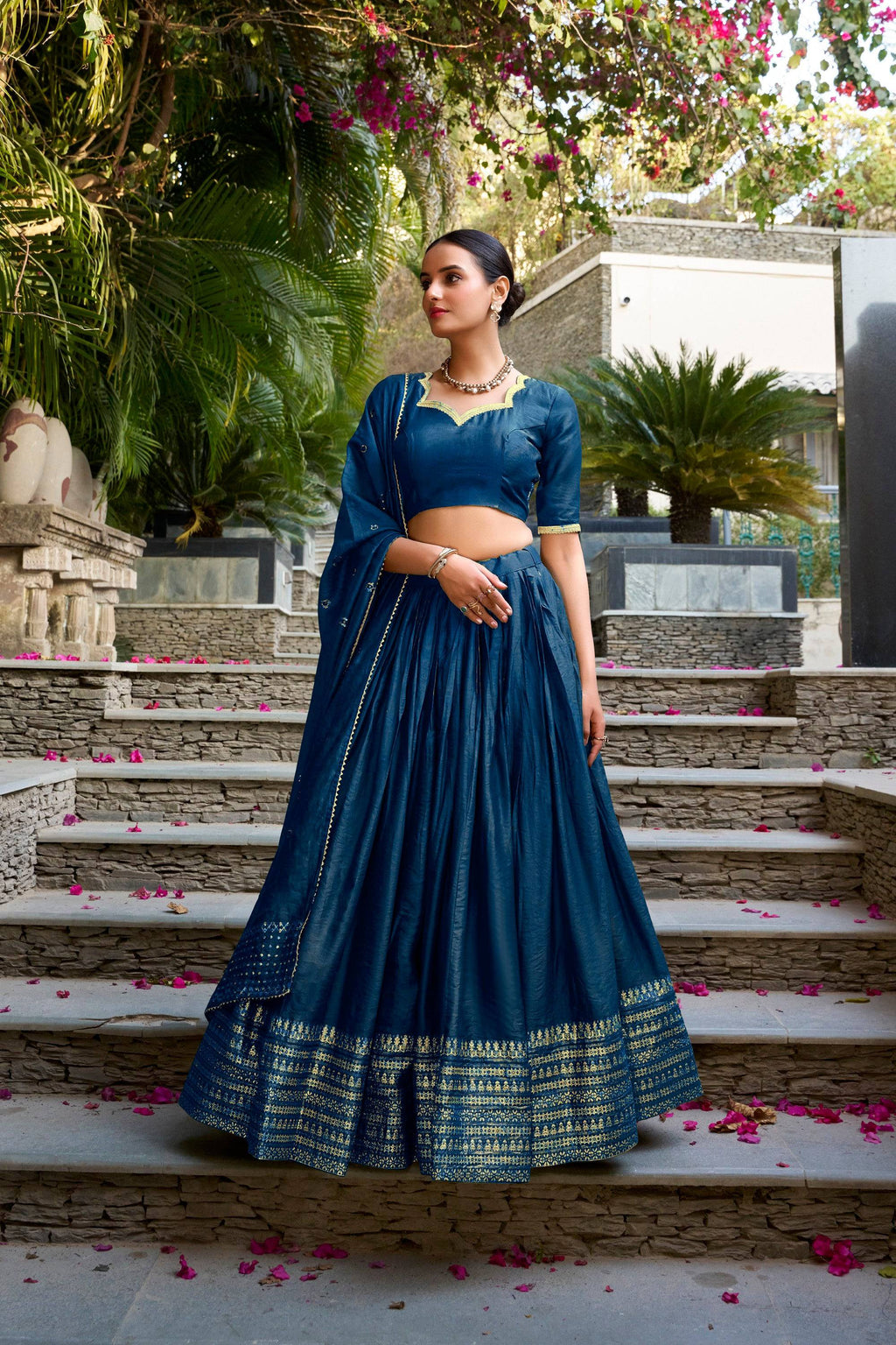 Lorenvalley Fashion Navy Blue Pure Chanderi Plain With Zari Weaving Work Border Lehenga Choli with Dupatta