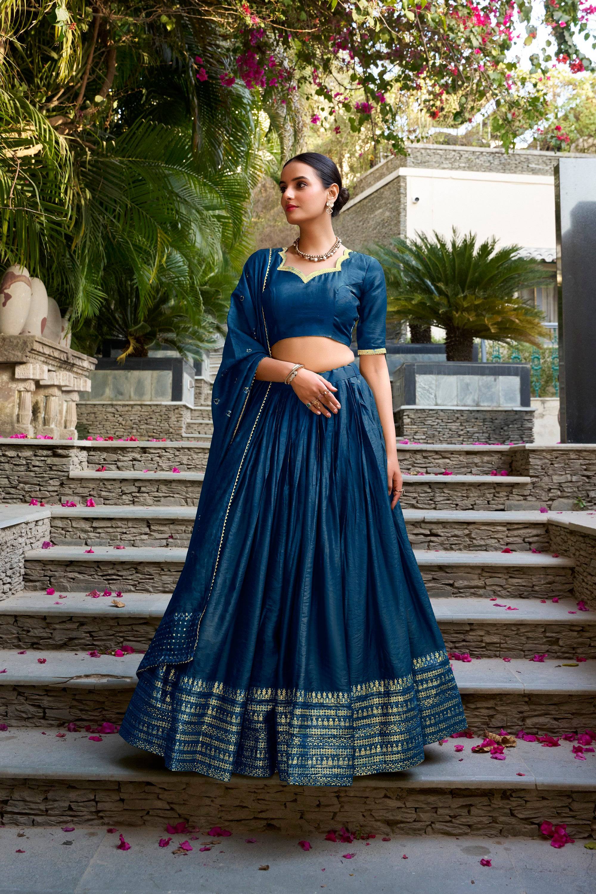 Lorenvalley Fashion Navy Blue Pure Chanderi Plain With Zari Weaving Work Border Lehenga Choli with Dupatta