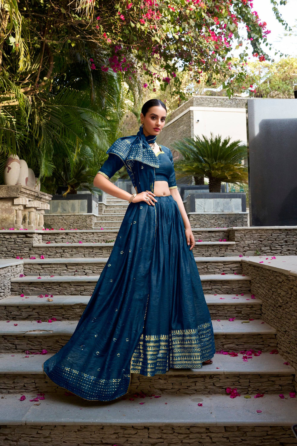 Lorenvalley Fashion Navy Blue Pure Chanderi Plain With Zari Weaving Work Border Lehenga Choli with Dupatta