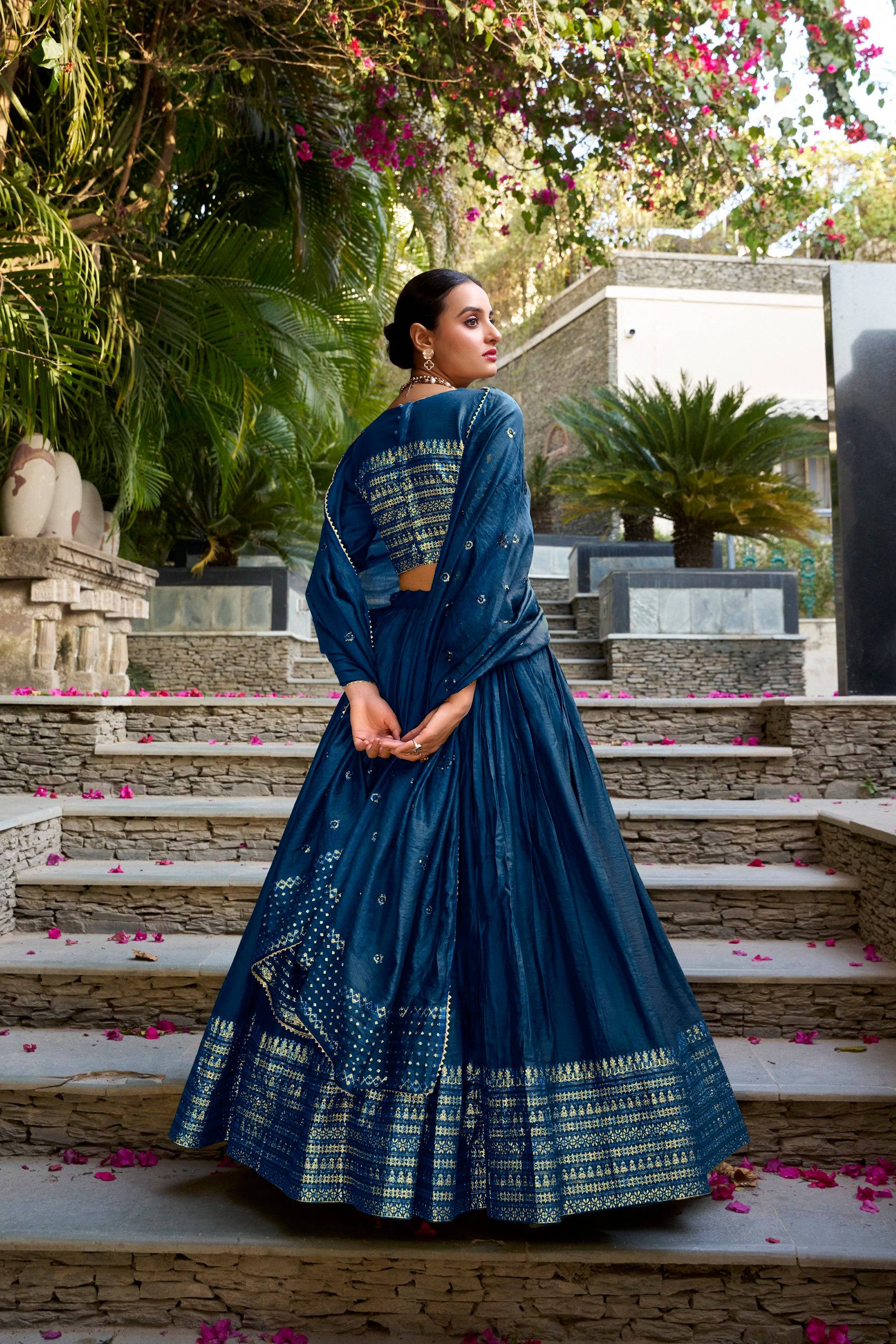 Lorenvalley Fashion Navy Blue Pure Chanderi Plain With Zari Weaving Work Border Lehenga Choli with Dupatta