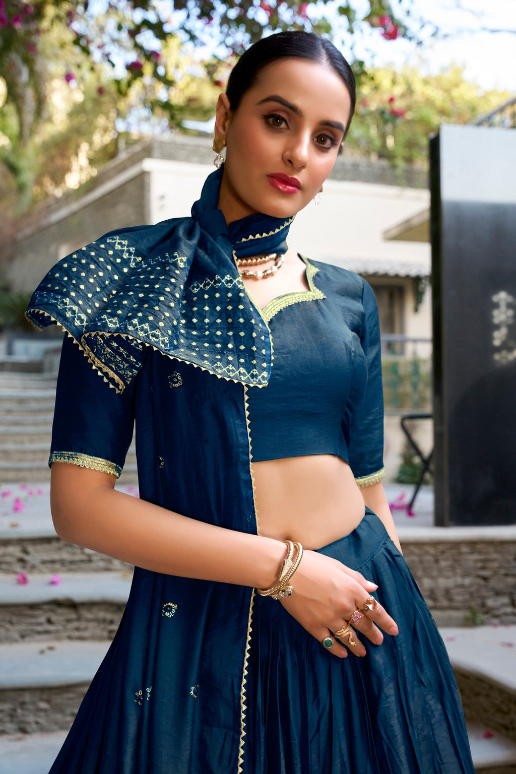 Lorenvalley Fashion Navy Blue Pure Chanderi Plain With Zari Weaving Work Border Lehenga Choli with Dupatta
