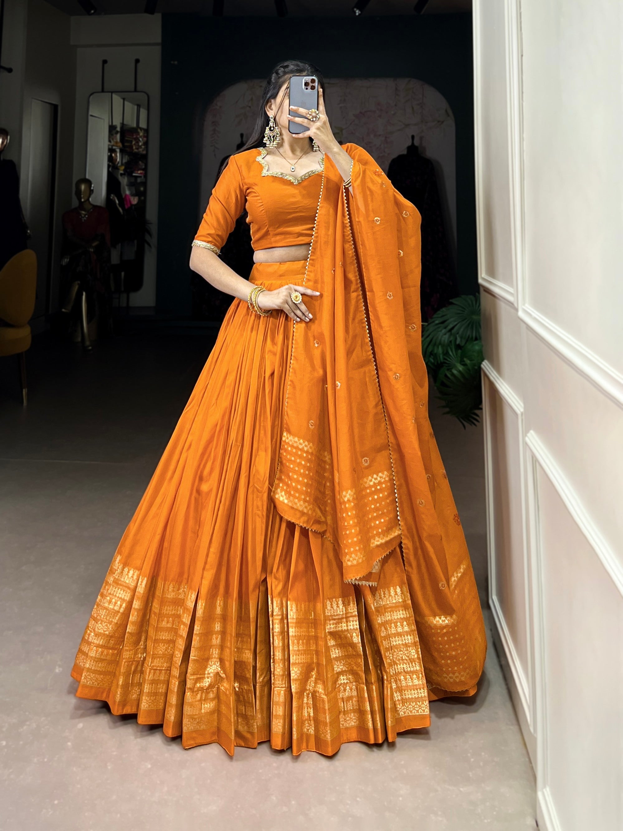 Lorenvalley Fashion Orange Pure Chanderi Plain With Zari Weaving Work Border Lehenga Choli with Dupatta