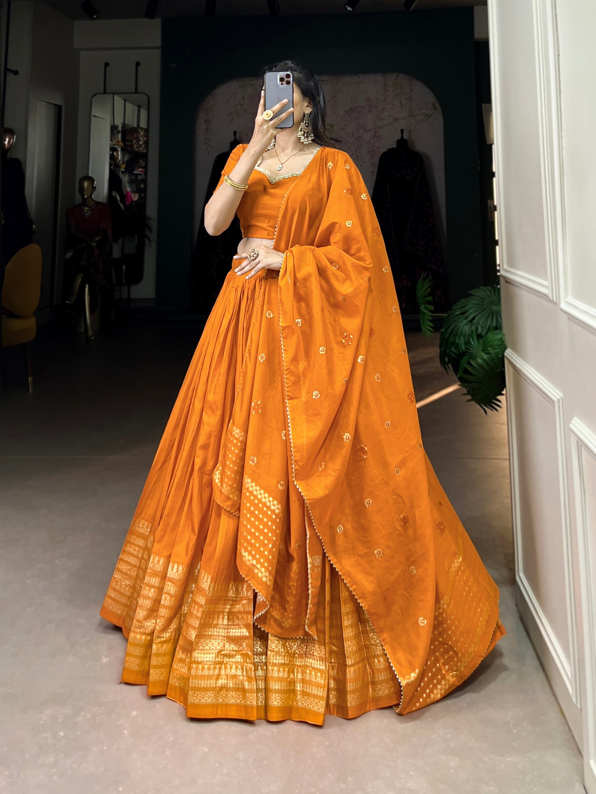 Lorenvalley Fashion Orange Pure Chanderi Plain With Zari Weaving Work Border Lehenga Choli with Dupatta