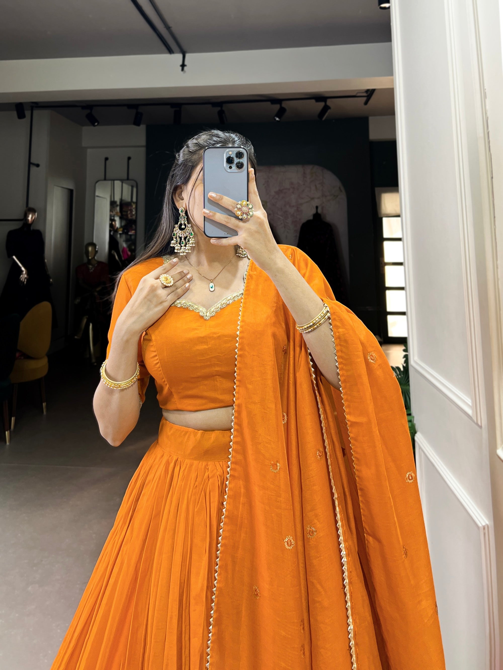 Lorenvalley Fashion Orange Pure Chanderi Plain With Zari Weaving Work Border Lehenga Choli with Dupatta