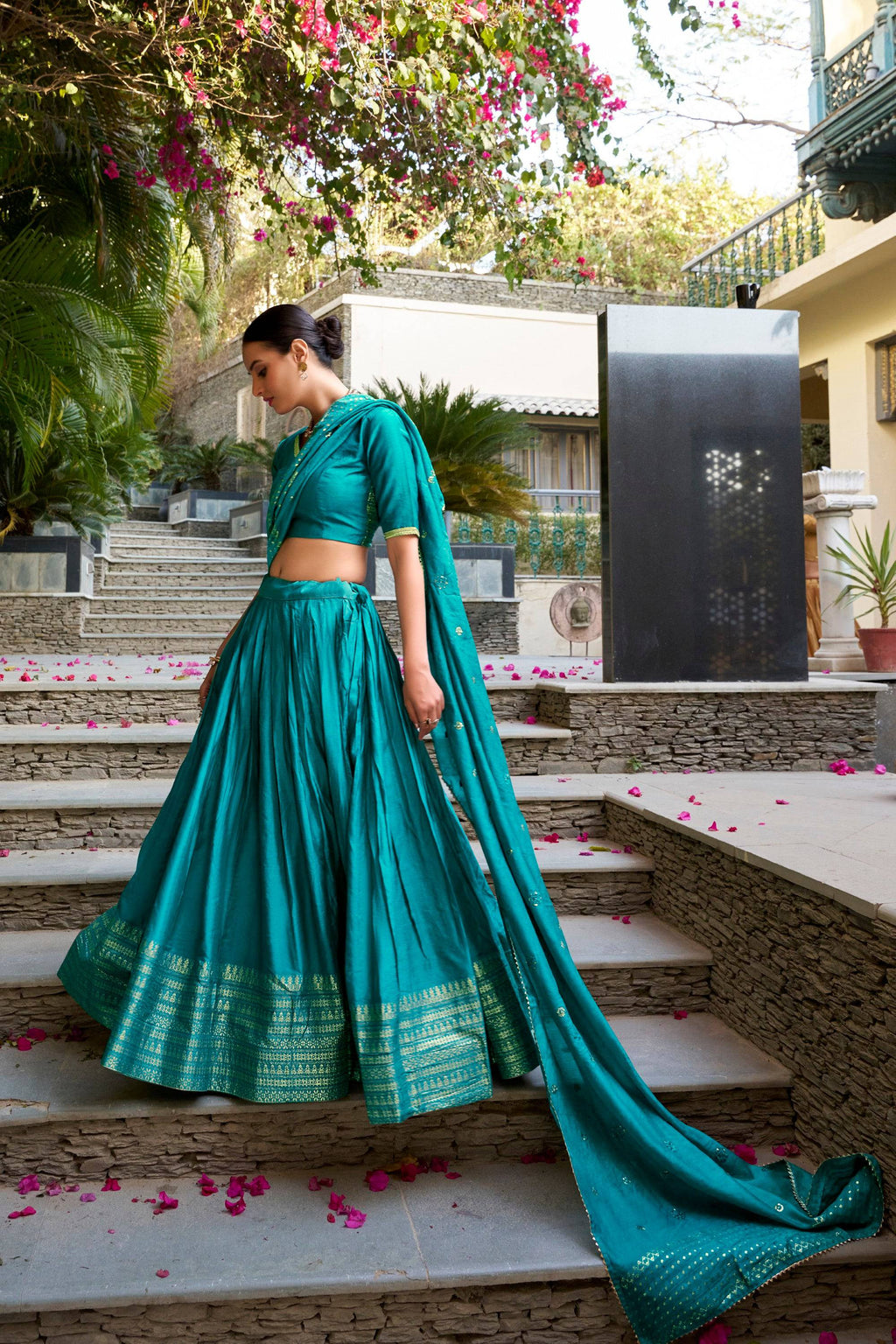 Lorenvalley Fashion Skyblue Pure Chanderi Plain With Zari Weaving Work Border Lehenga Choli with Dupatta