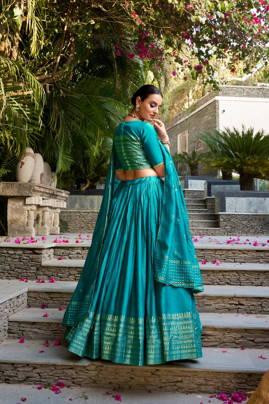 Lorenvalley Fashion Skyblue Pure Chanderi Plain With Zari Weaving Work Border Lehenga Choli with Dupatta