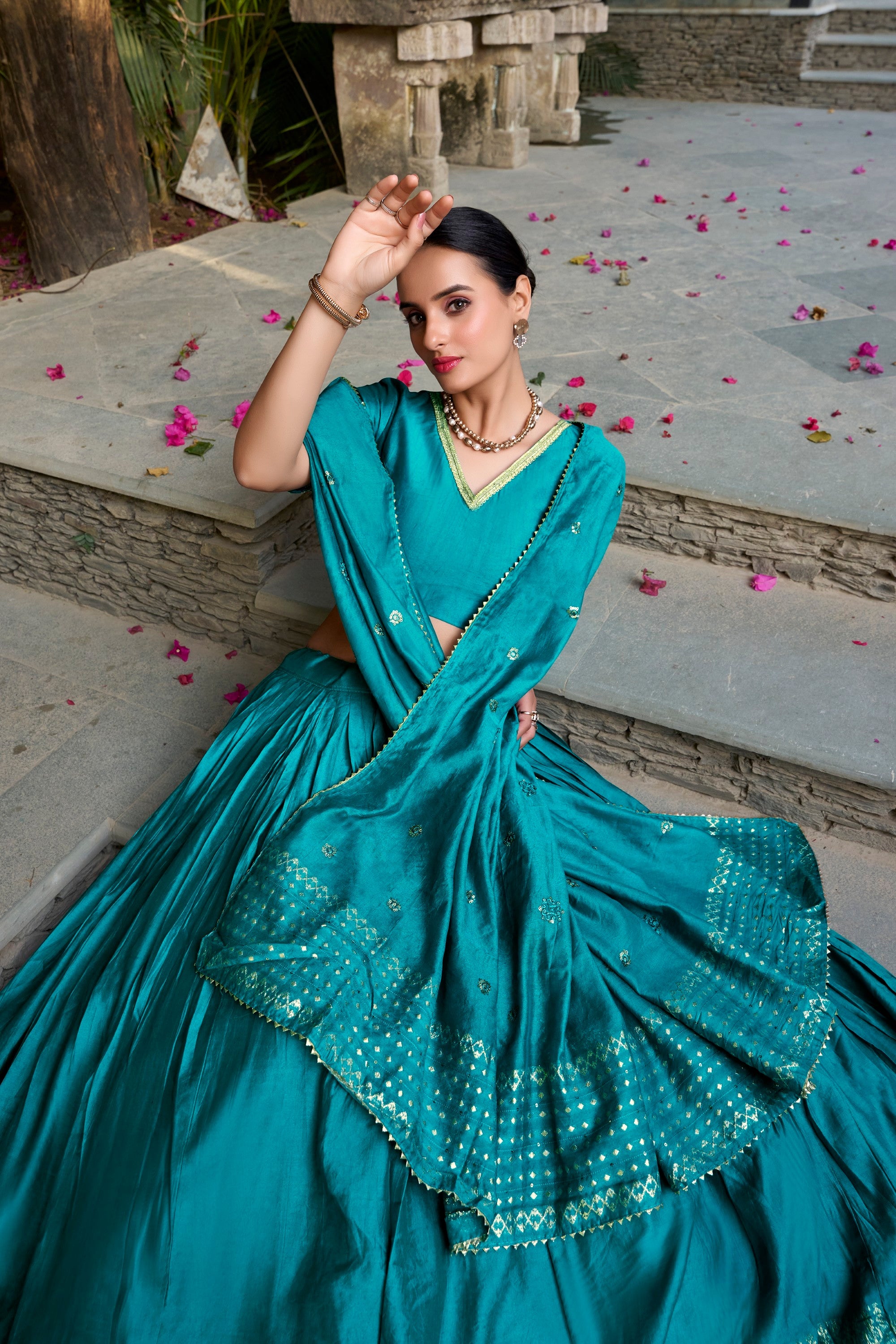 Lorenvalley Fashion Skyblue Pure Chanderi Plain With Zari Weaving Work Border Lehenga Choli with Dupatta