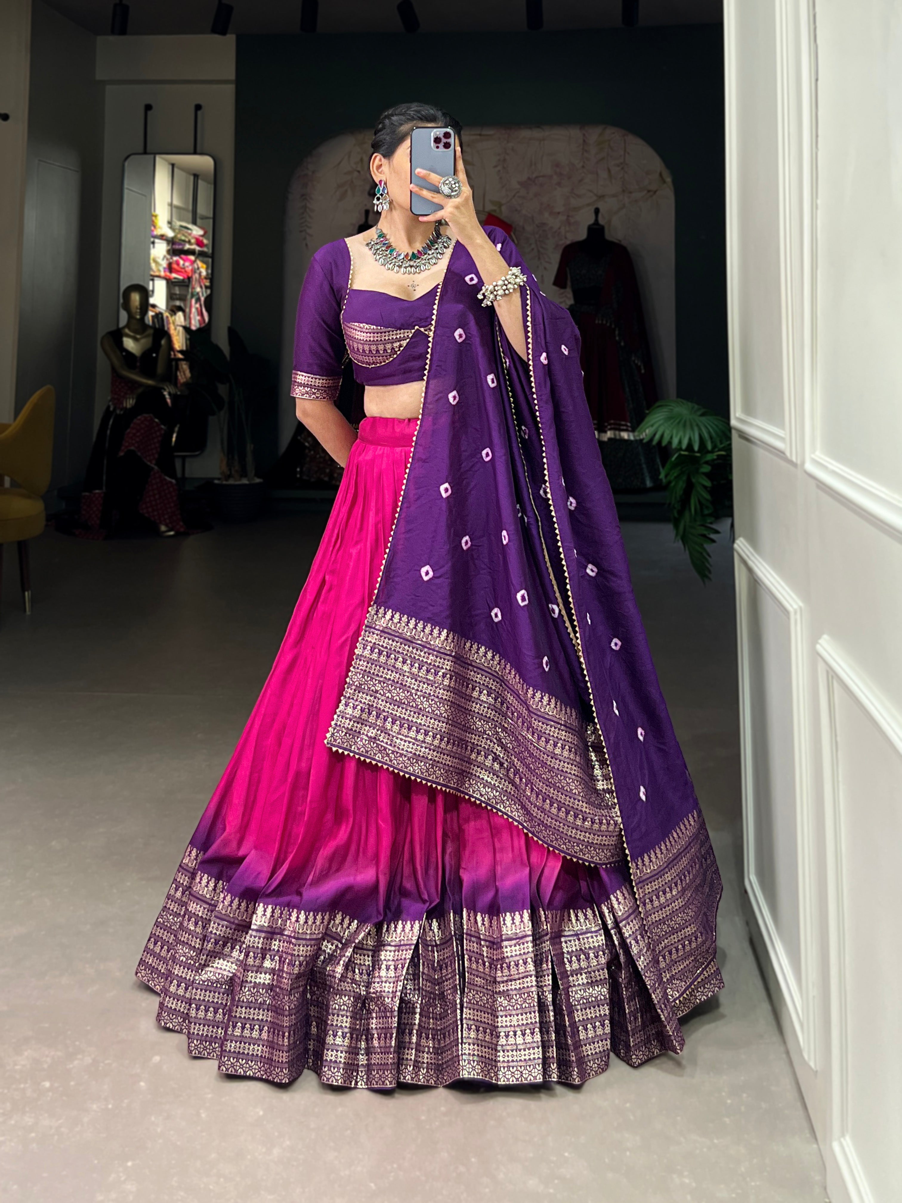 Lorenvalley Pink Chanderi Color Padding With Zari Weaving Work Border Lehenga Choli with Dupatta