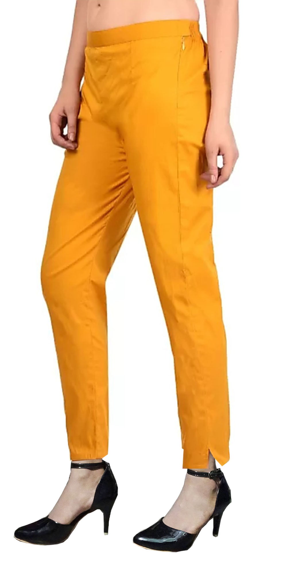 PAVONINE Mustard Color Stretchable Cotton Lycra Fabric Pencil Pant For Women