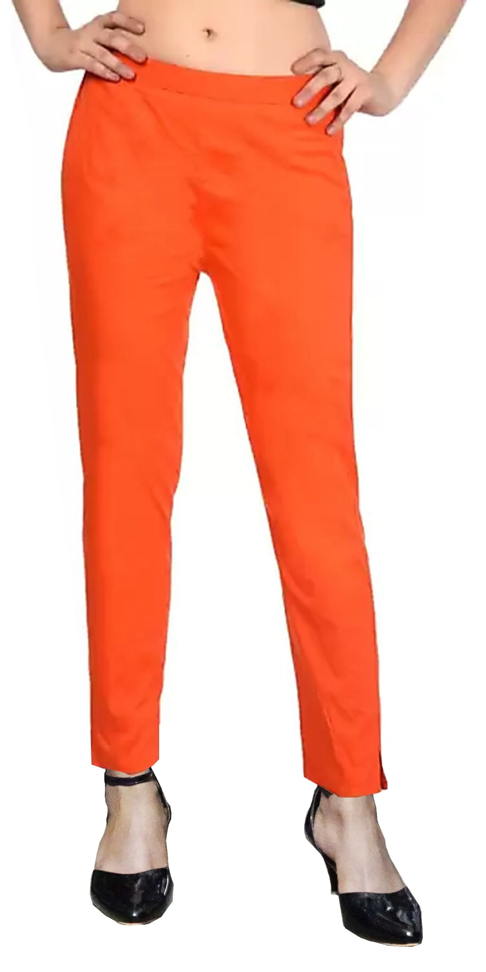 PAVONINE Orange Color Stretchable Cotton Lycra Fabric Pencil Pant For Women