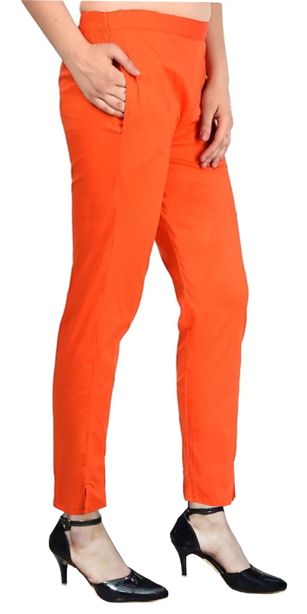 PAVONINE Orange Color Stretchable Cotton Lycra Fabric Pencil Pant For Women