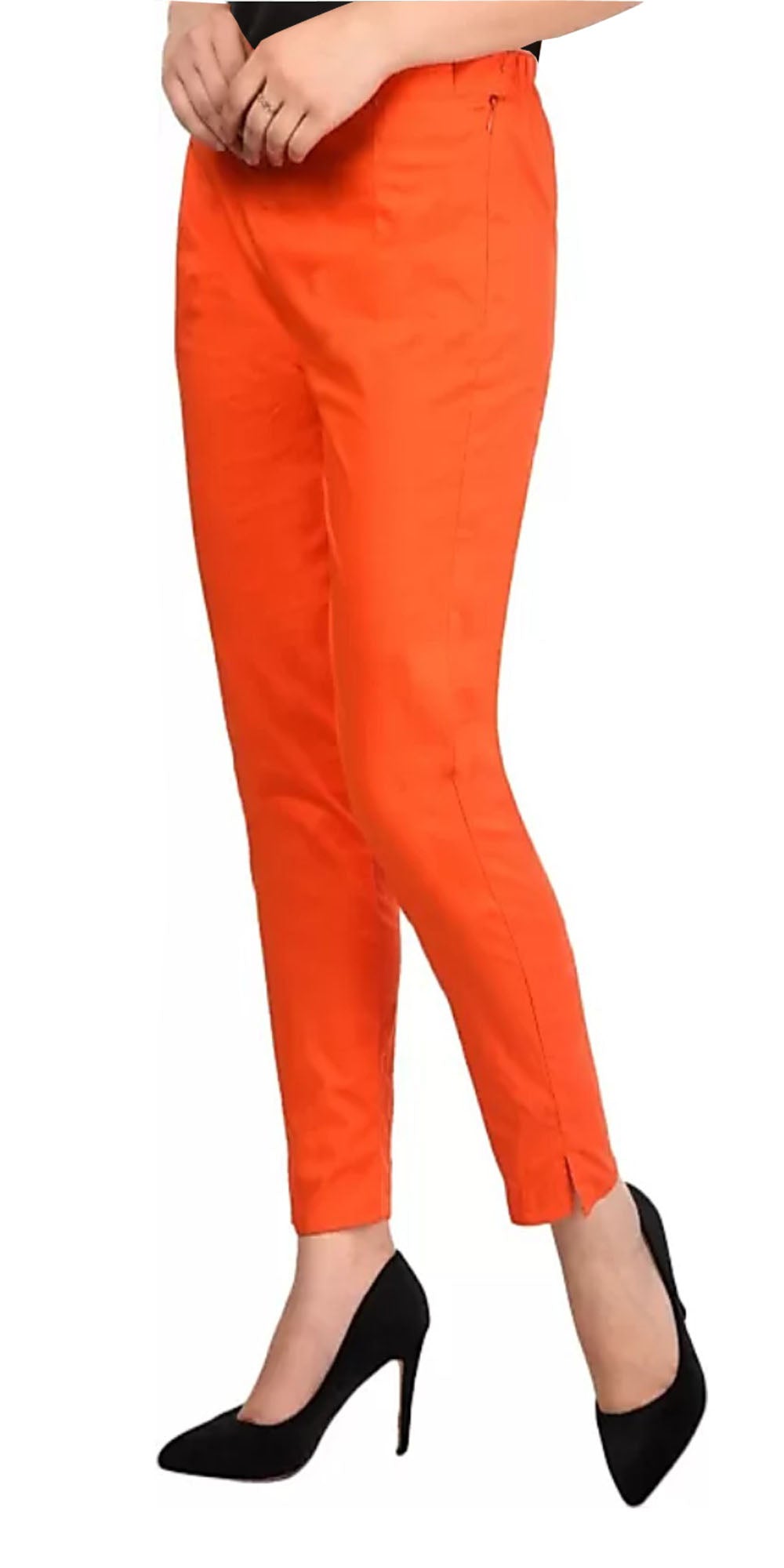 PAVONINE Orange Color Stretchable Cotton Lycra Fabric Pencil Pant For Women