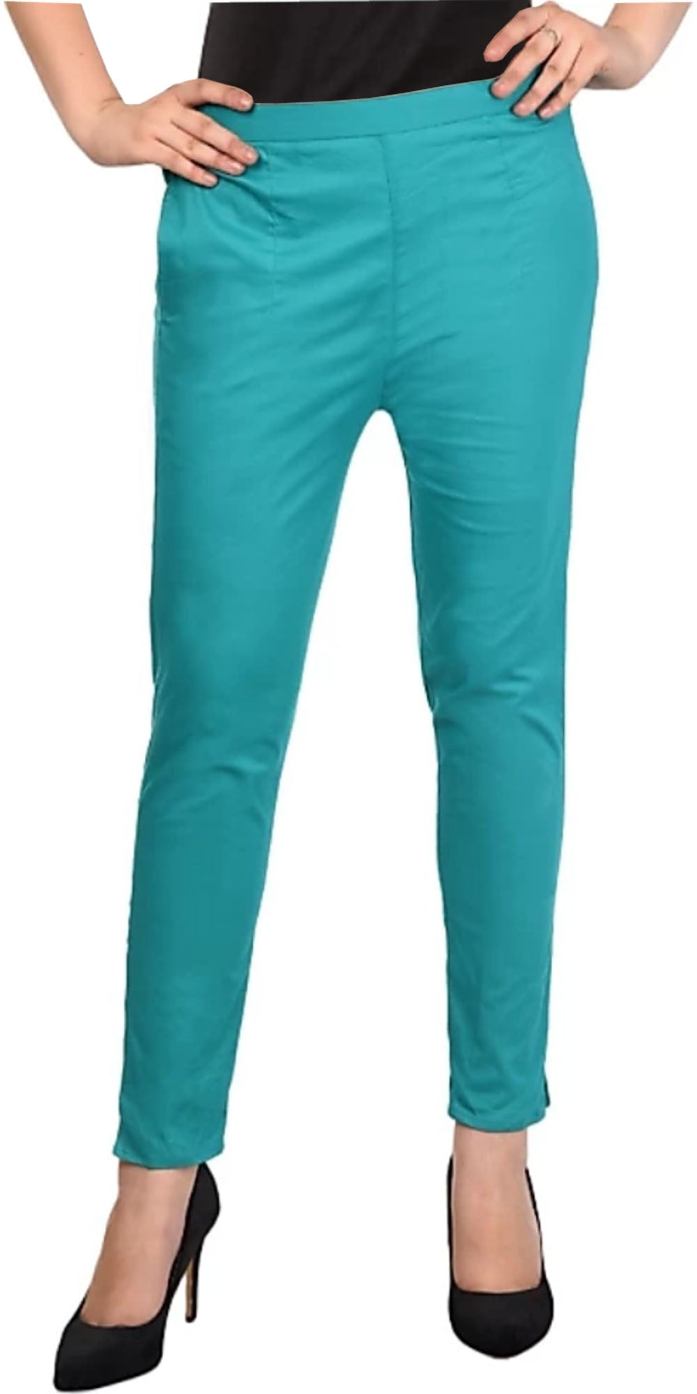 PAVONINE Rama Green Color Stretchable Cotton Lycra Fabric Pencil Pant For Women