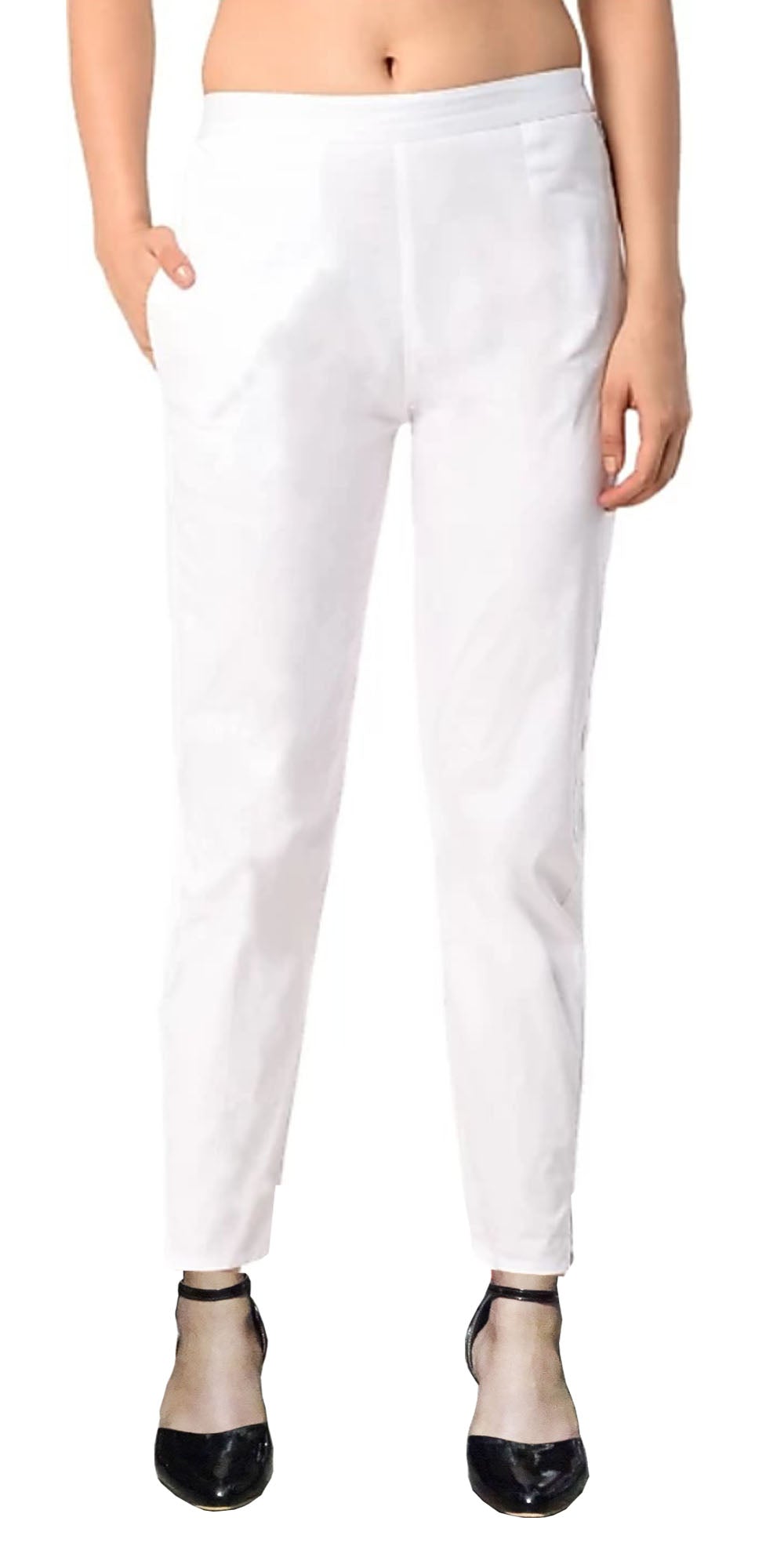 Indian Clothing PAVONINE White Color Stretchable Cotton Lycra Fabric Pencil Pant For Women