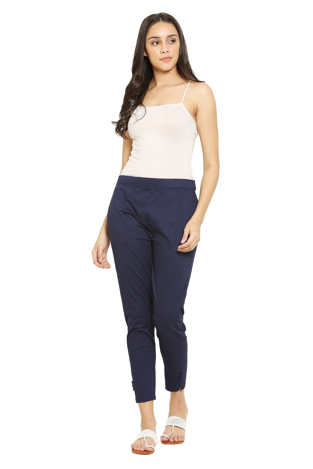 PAVONINE Navy Blue Color Stretchable Cotton Lycra Fabric Pencil Pant For Women